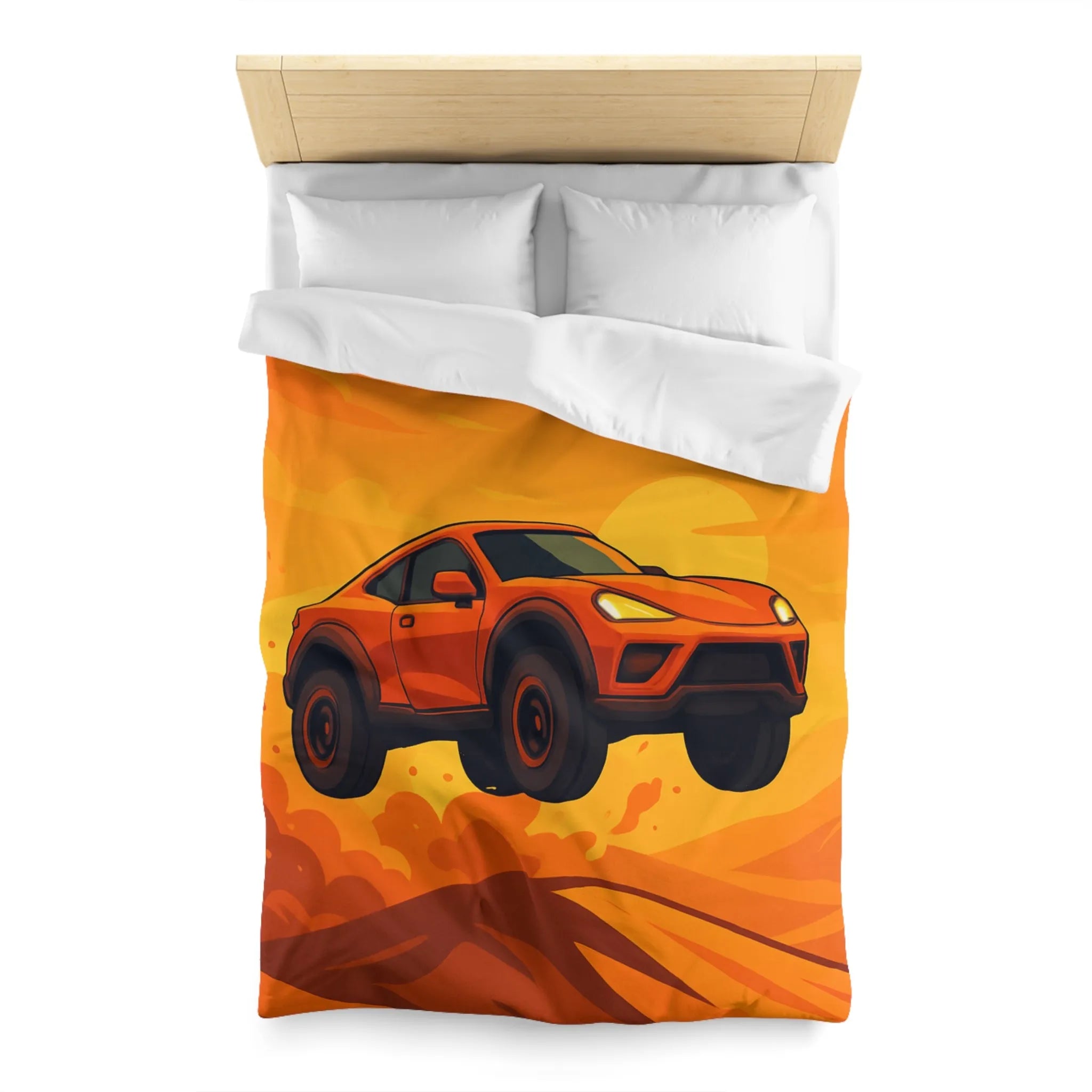 Housse de couette design voiture saut désert couleur orange coucher de soleil