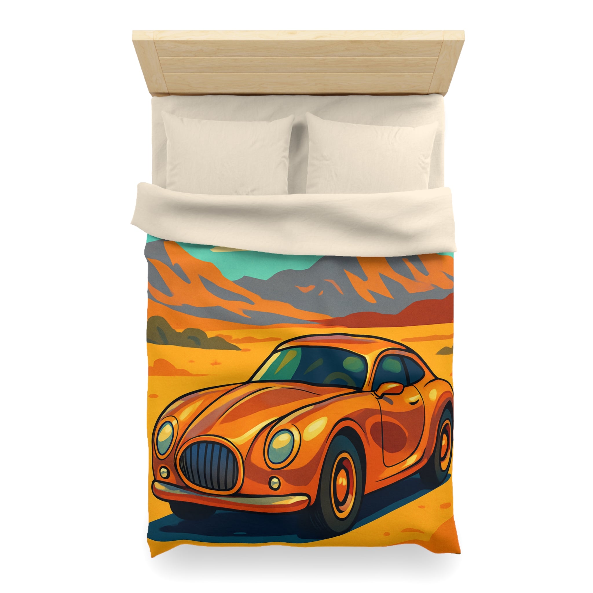 Housse de couette style rétro avec voiture orange désert paisible montagnes lointaines