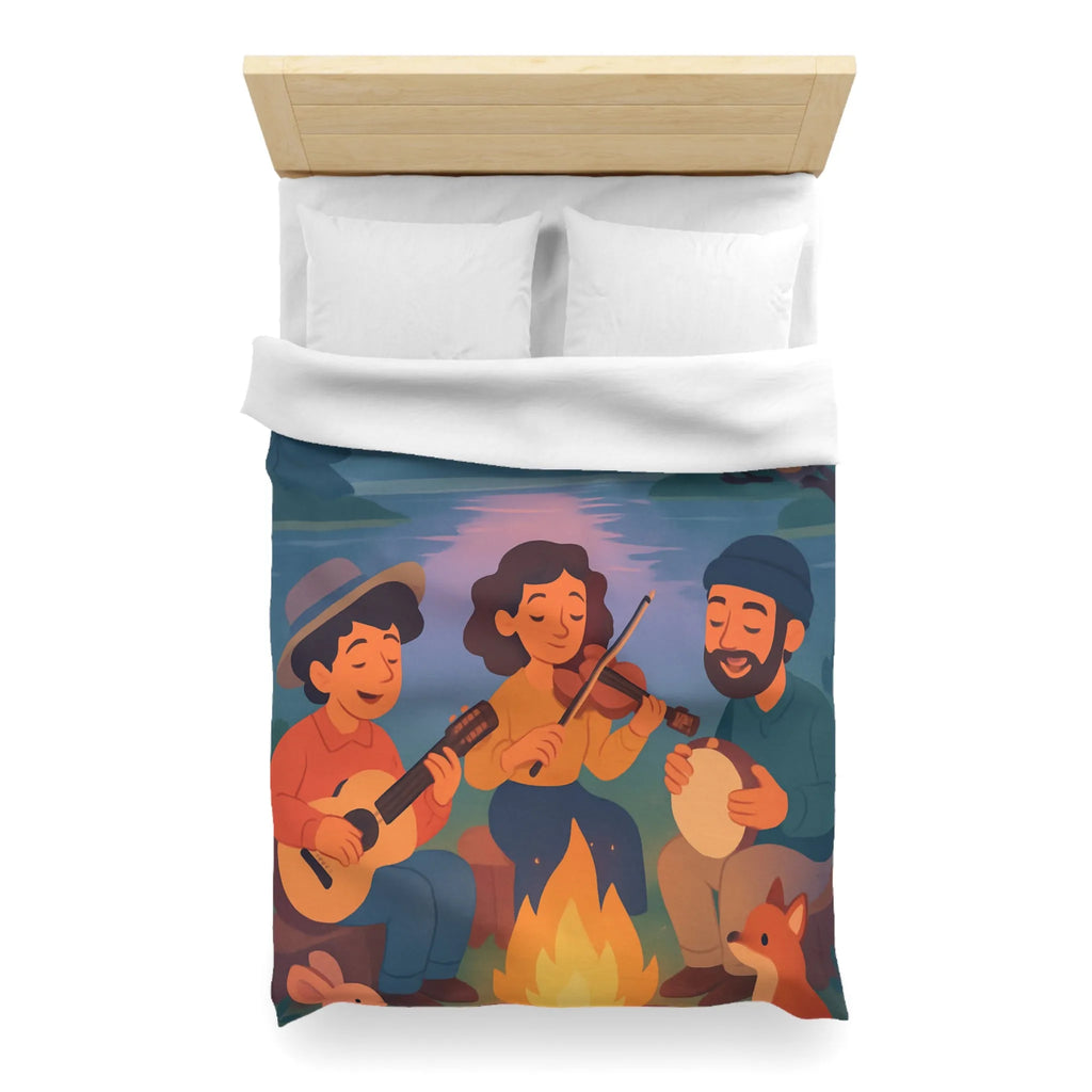 Housse de Couette avec Musiciens et Animaux Près du Feu de Camp au Crépuscule