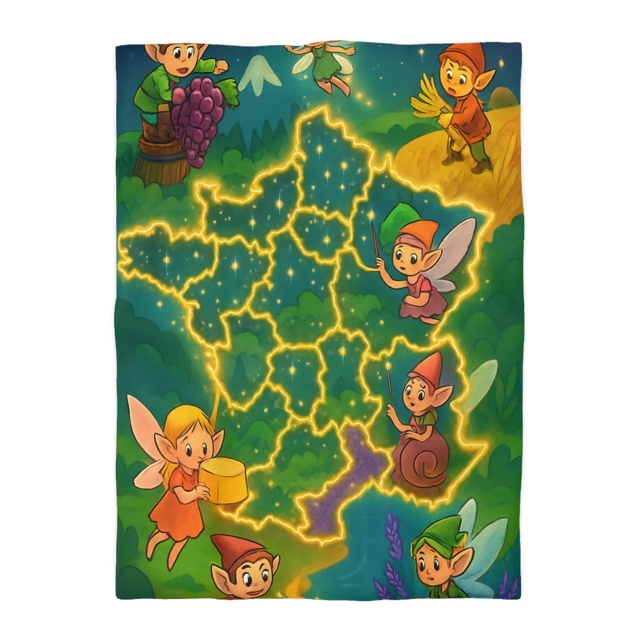 Housse de couette illustrée avec fées et lutins en carte de France enchantée