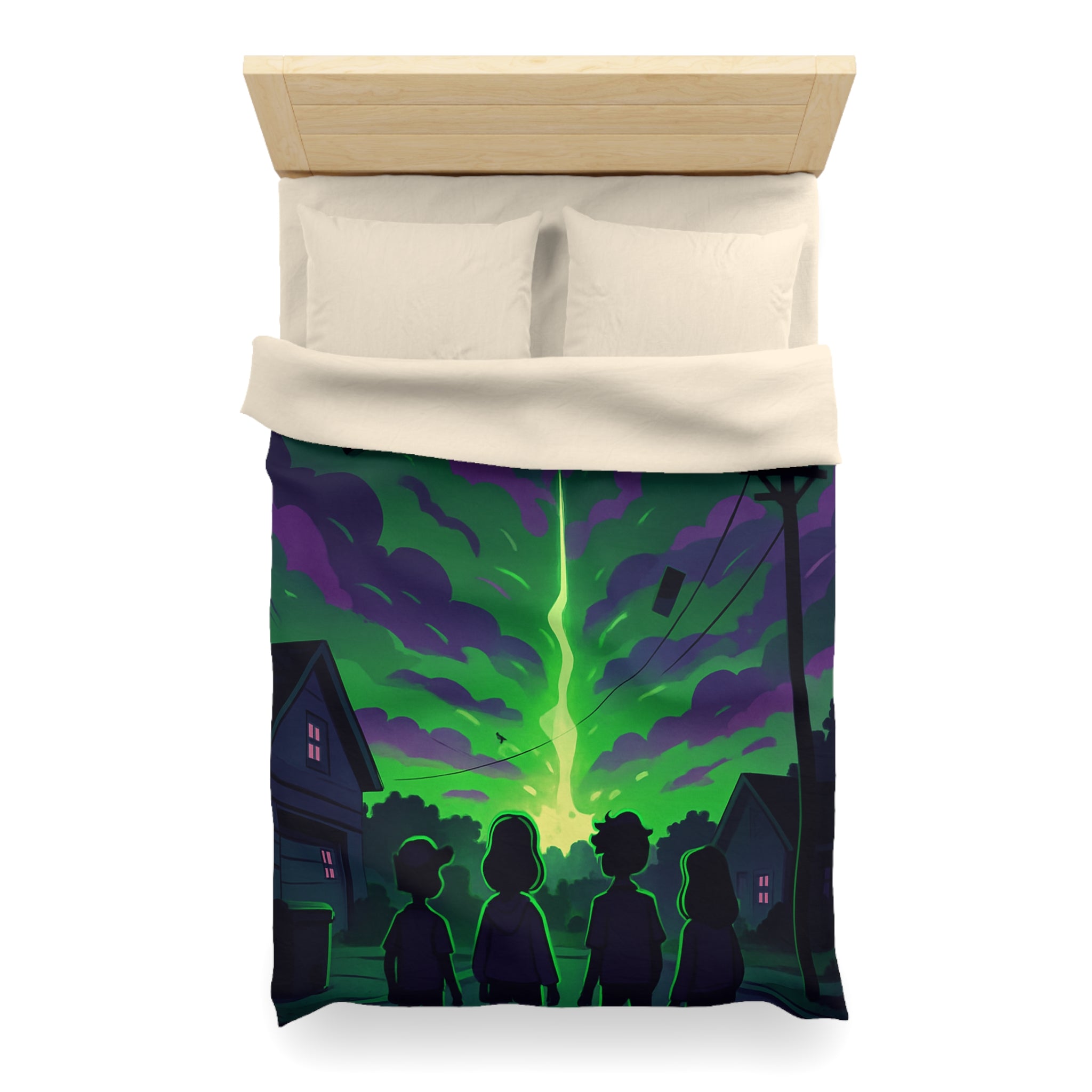 Housse de couette pour chambre avec ciel nocturne mystérieux et silhouettes d'enfants