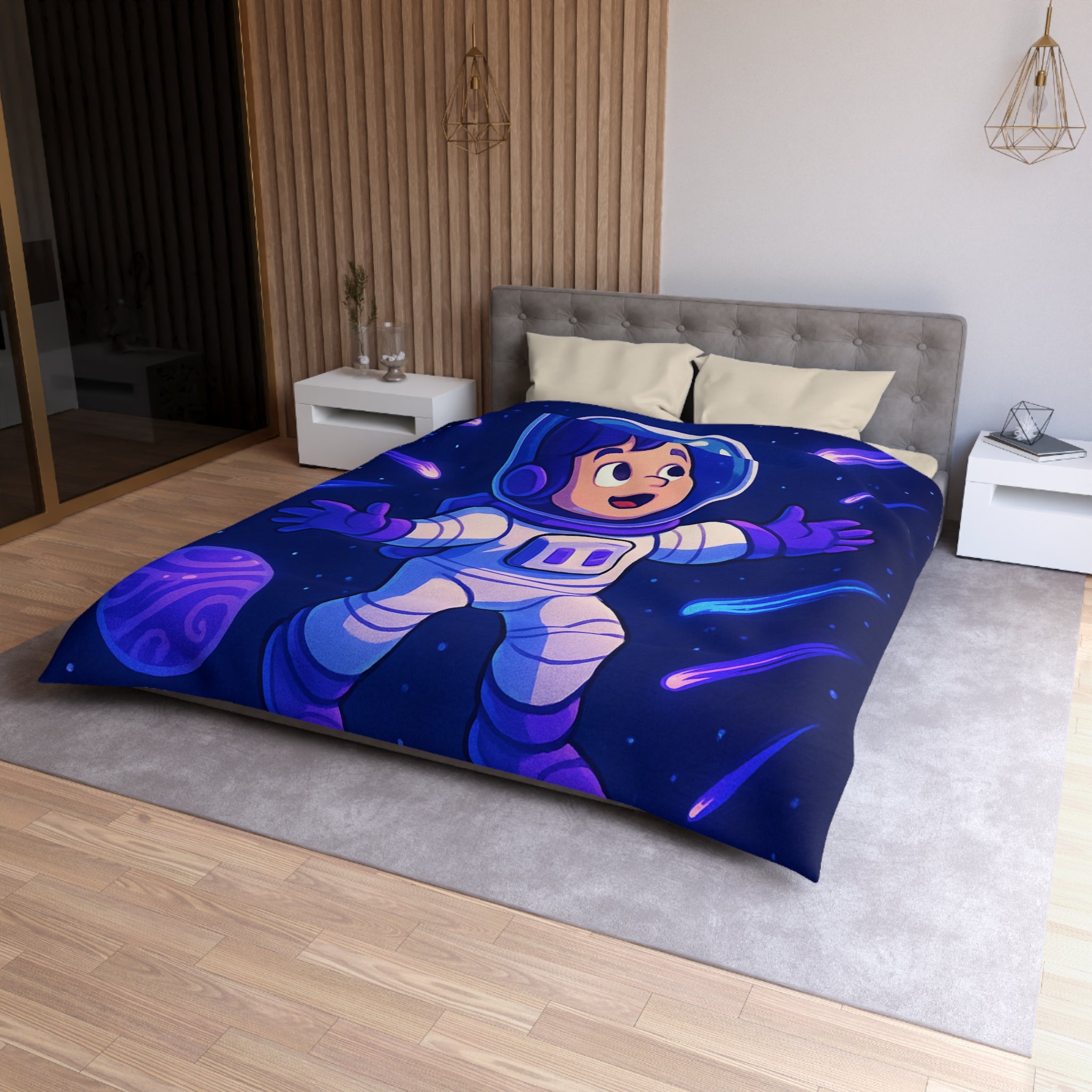 Housse de couette enfant thème espace avec astronaute et planètes colorées violettes