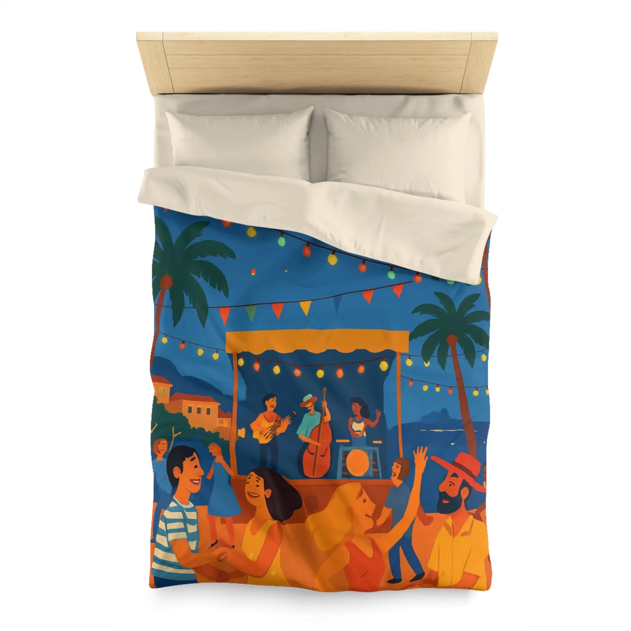 Housse de couette estivale scène festivale tropicale avec danseurs et lanternes lumineuses