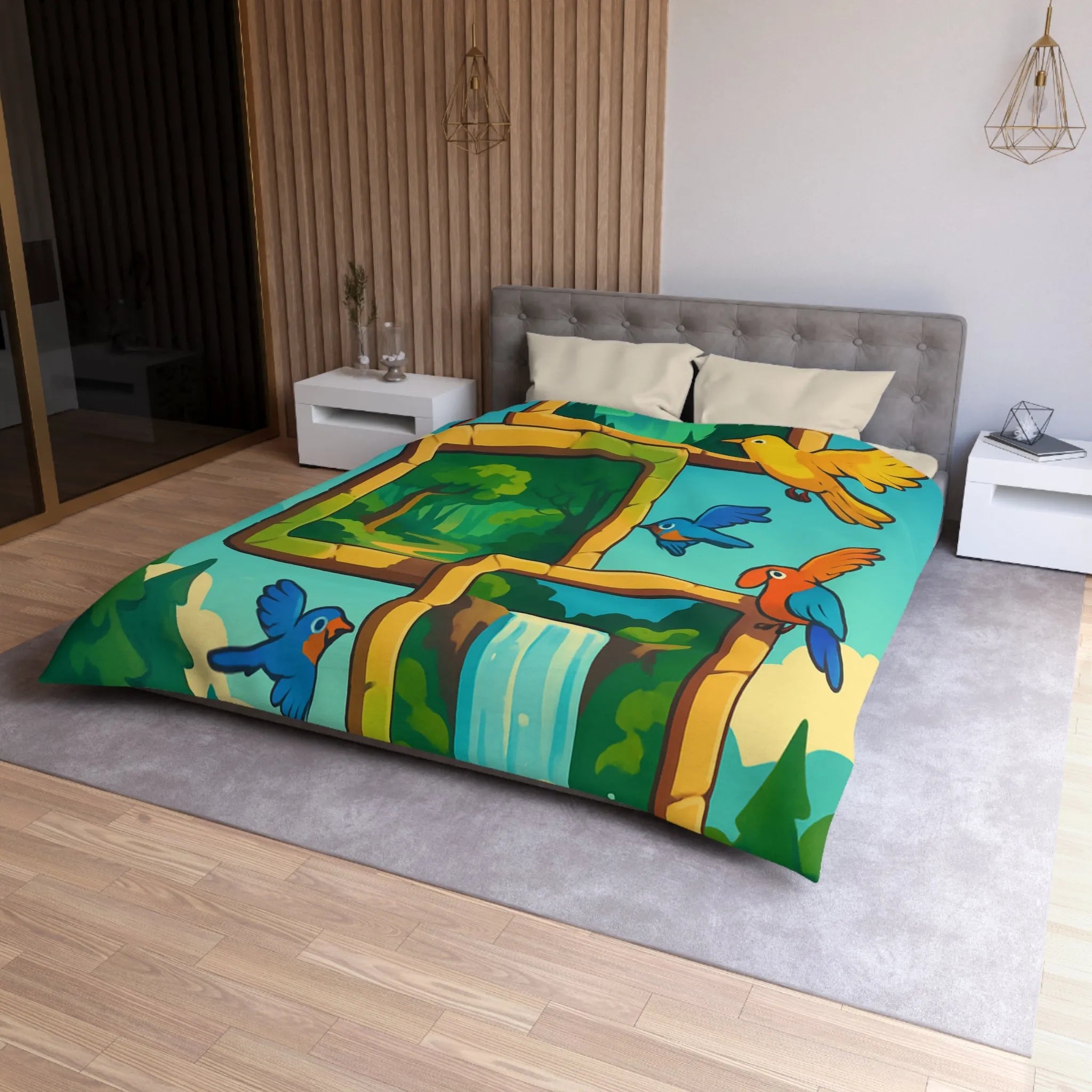 Housse de couette colorée avec oiseaux et scènes de nature paisible et dynamique