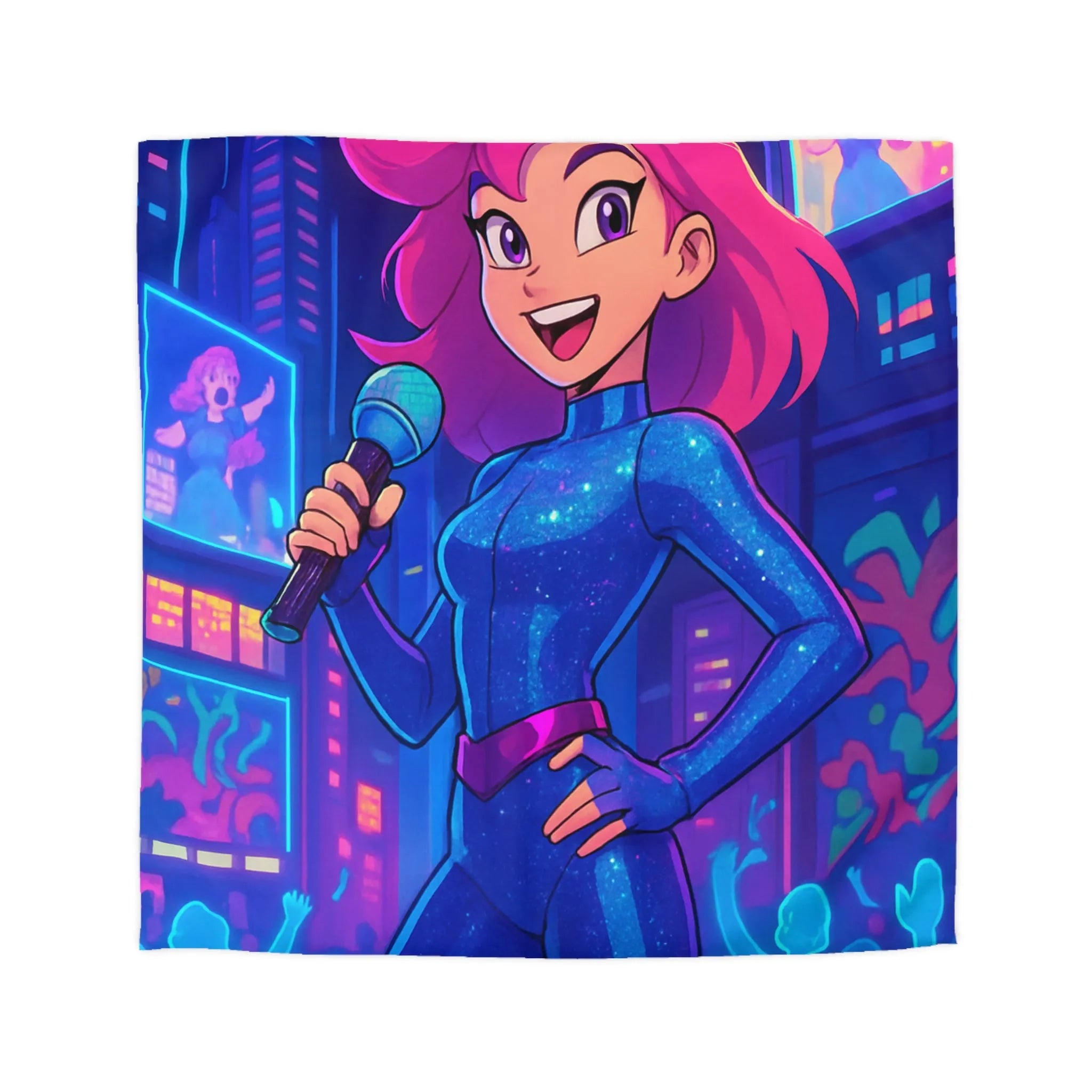 Housse de couette avec chanteuse animée en concert sur fond de ville illuminée