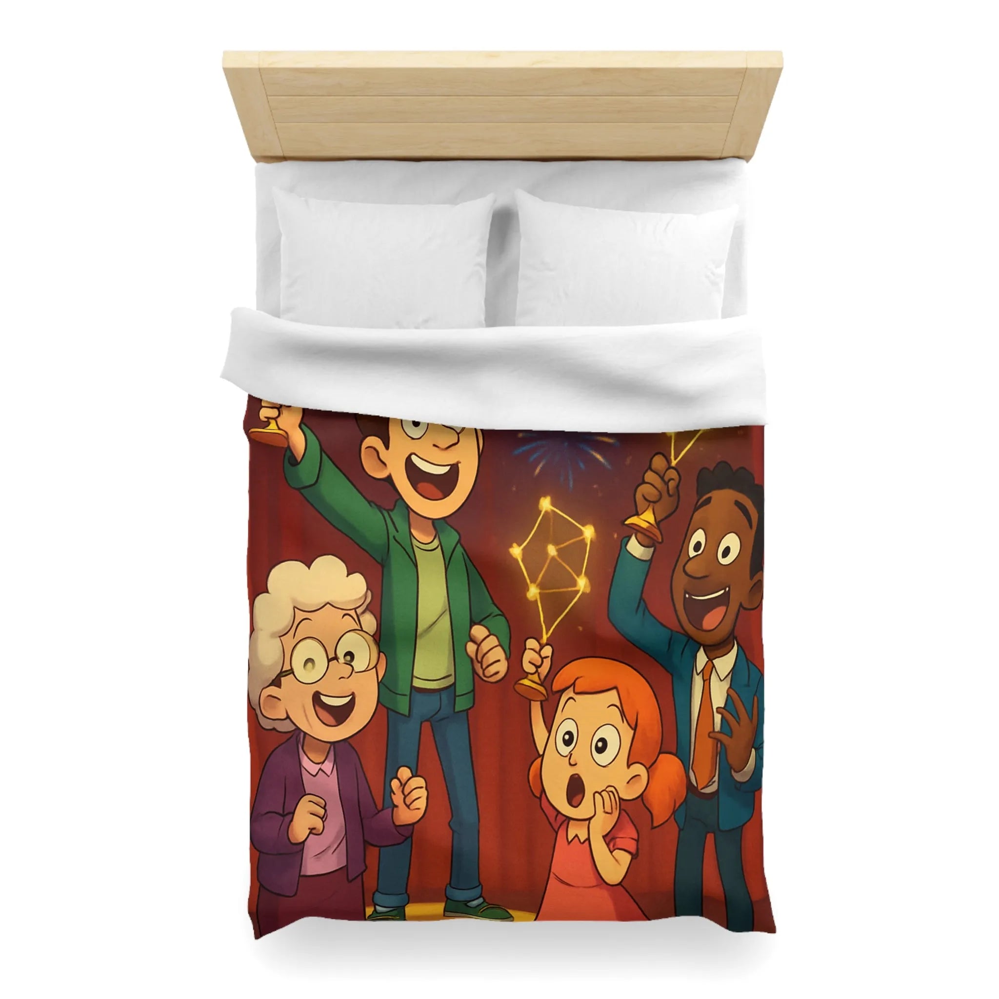 Housse de couette colorée enfants avec feux d'artifice et personnages dessin animé joyeux