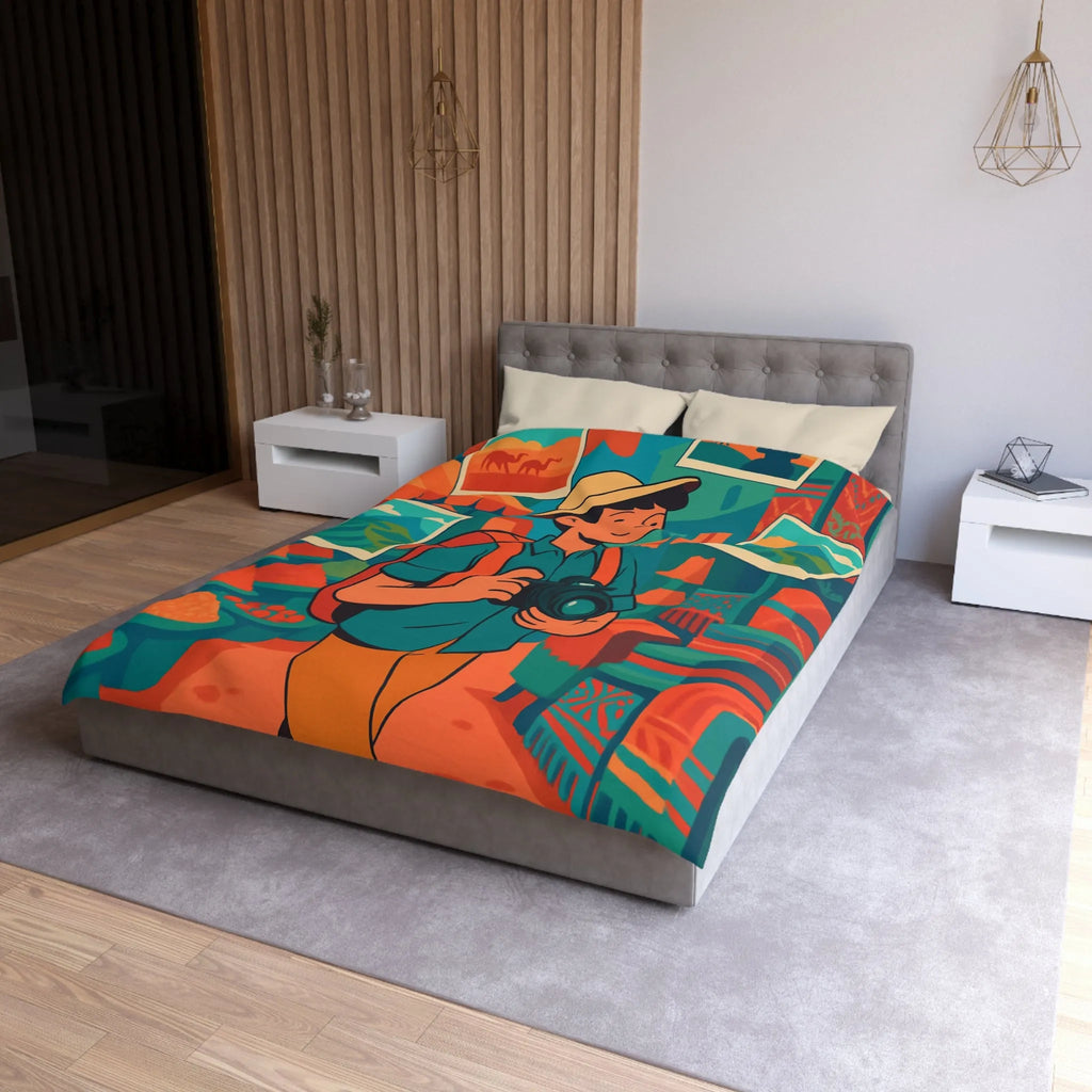 Housse de Couette Colorée avec Voyageur Photographiant un Marché Animé et Vibrant