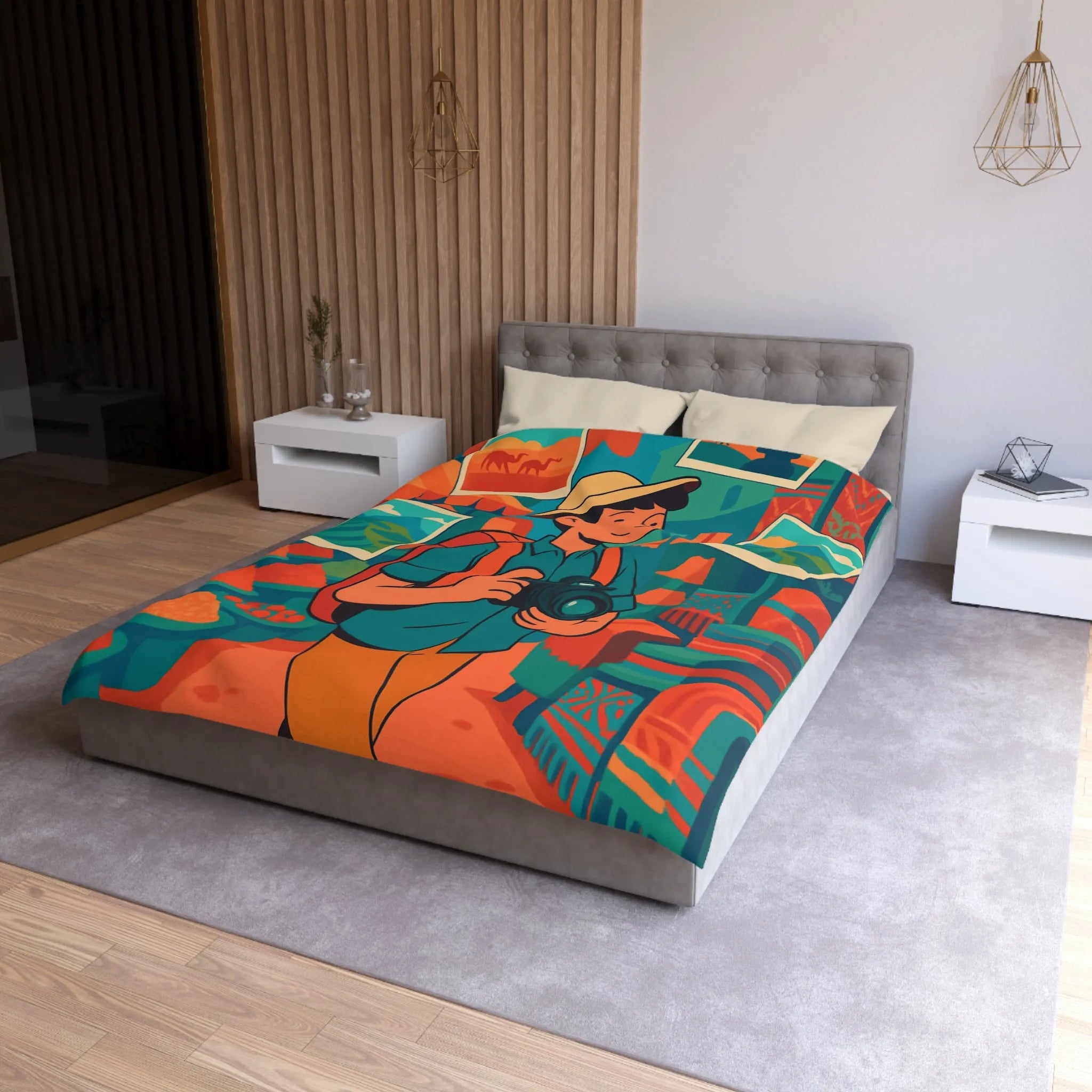 Housse de Couette Colorée avec Voyageur Photographiant un Marché Animé et Vibrant