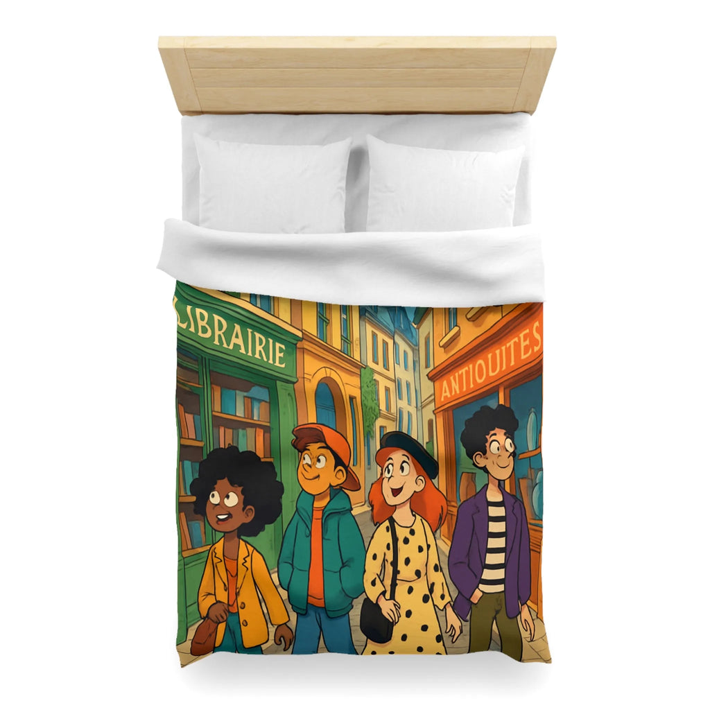 Housse de couette élégante avec design de rue parisienne animée et jeunes explorateurs