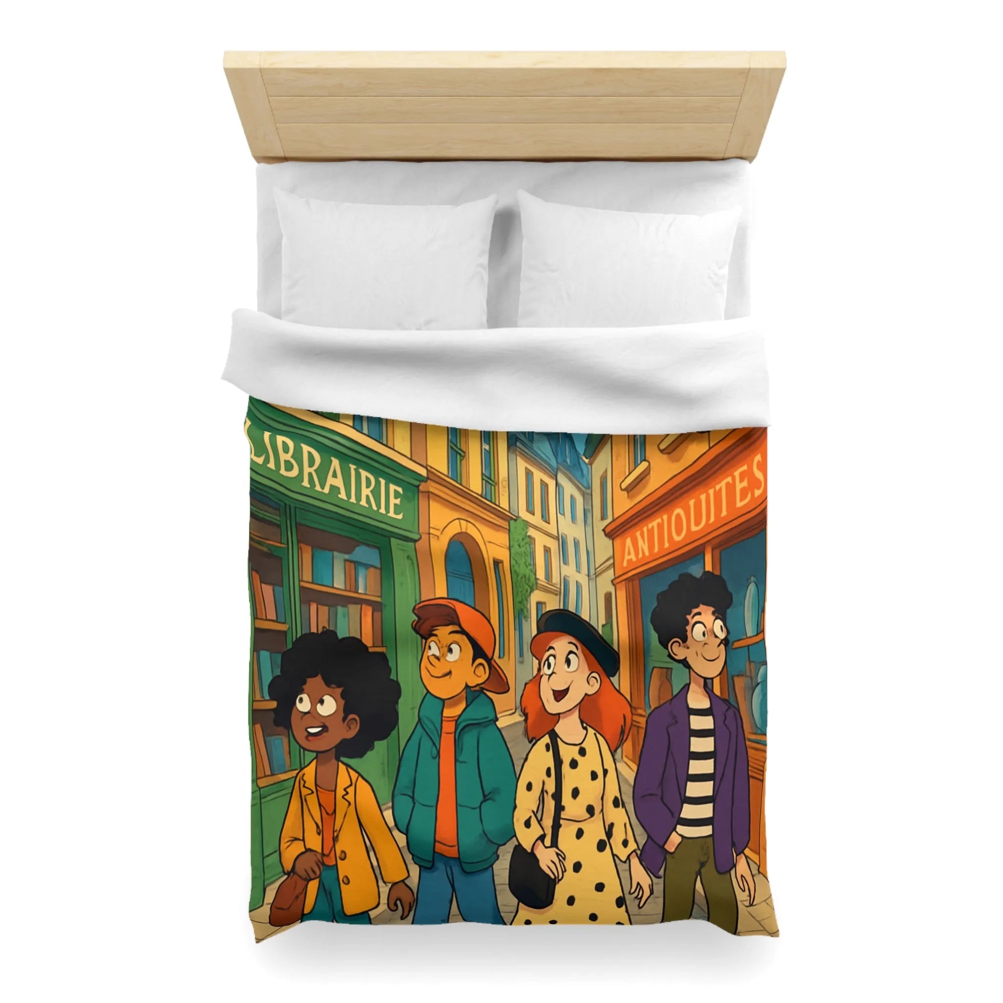 Housse de couette élégante avec design de rue parisienne animée et jeunes explorateurs
