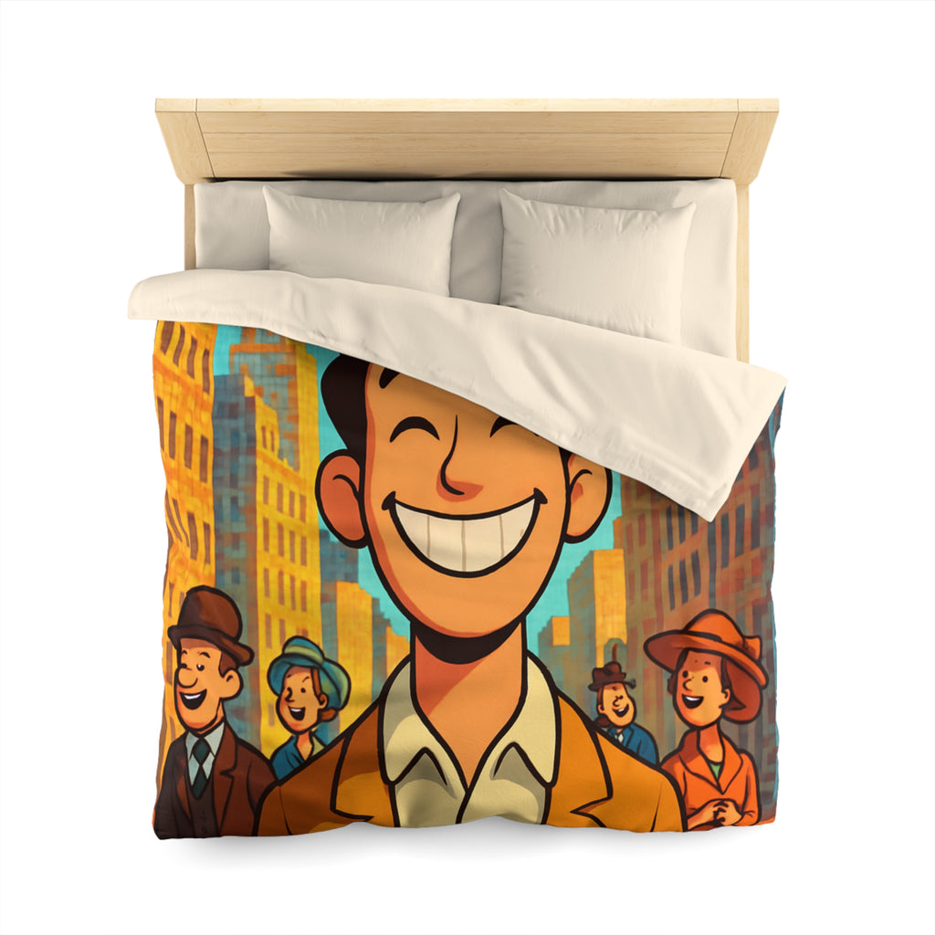 Housse de couette vintage avec personnages souriants et architecture urbaine en arrière-plan