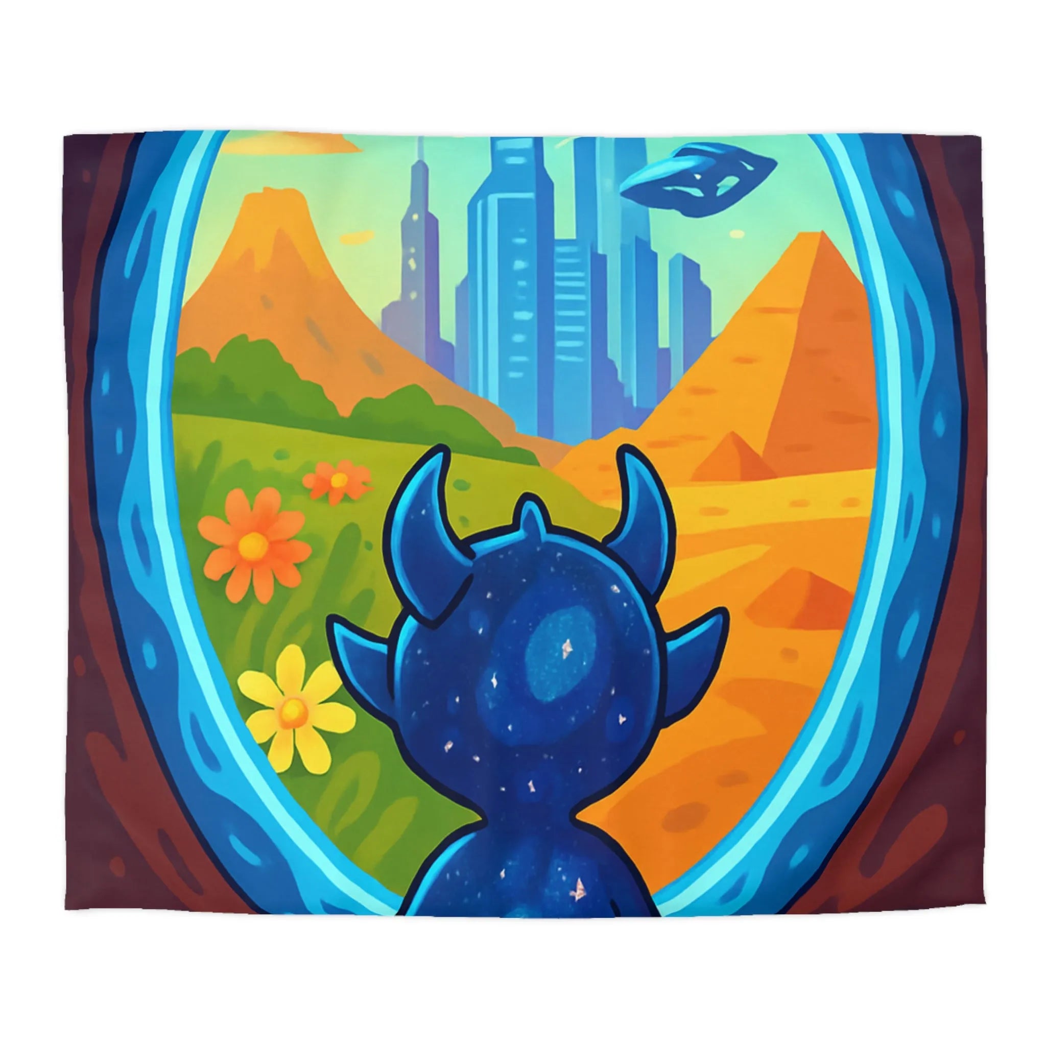 Housse de couette colorée avec créature cosmique et paysage futuriste magique