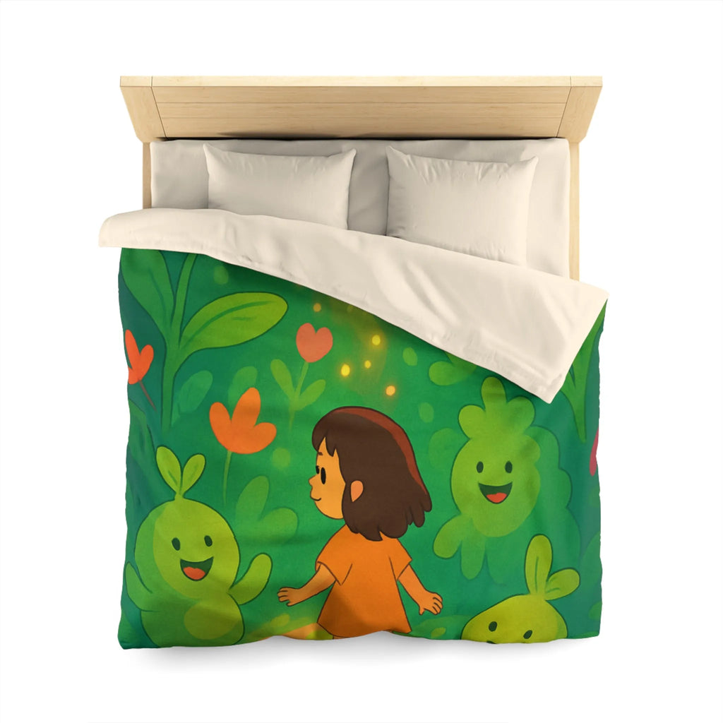 Housse de couette enfant avec fleurs colorées et créatures joyeuses dans forêt magique