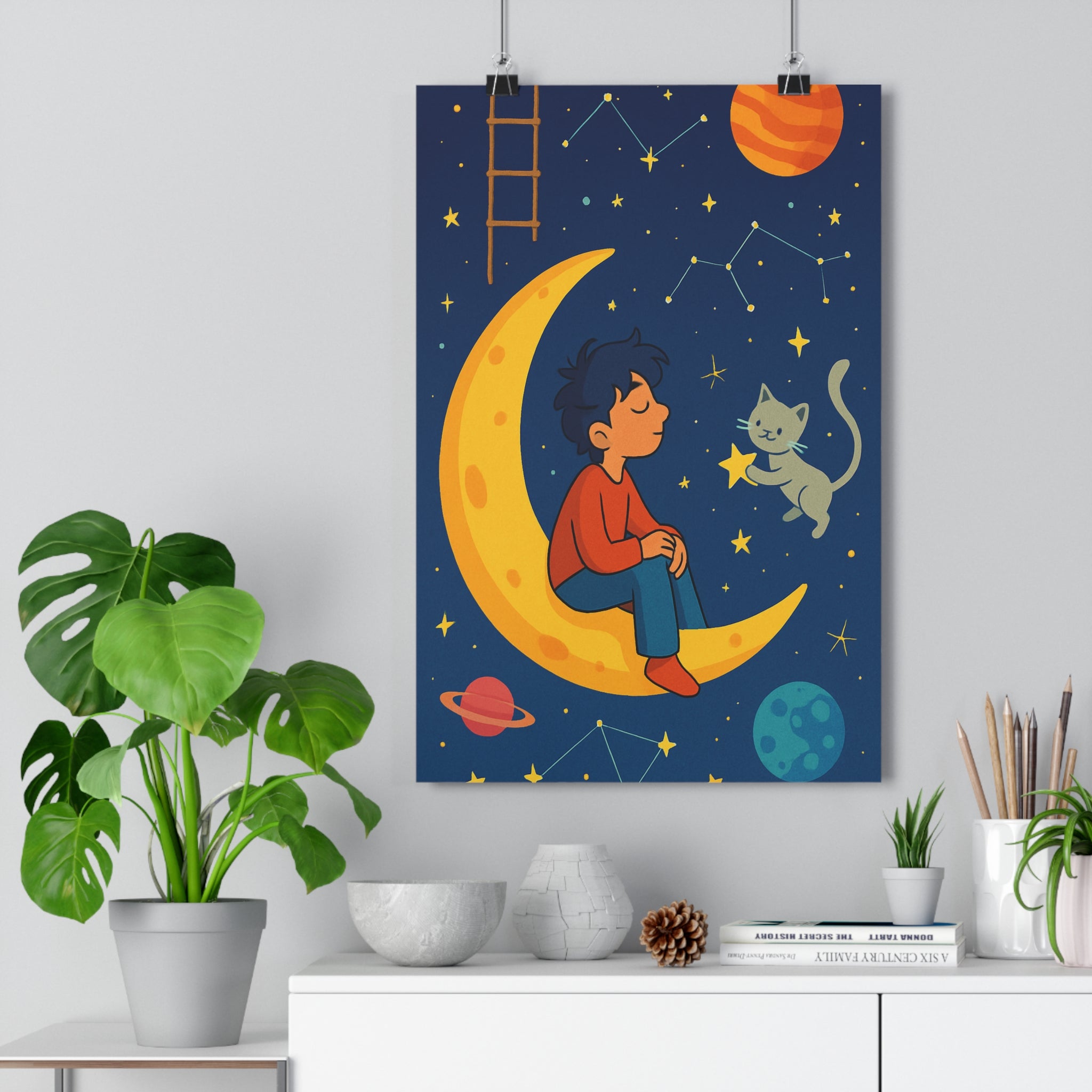 Poster décoratif cartoon pastel rêveur chambre enfant détente lune étoiles constellations 30x46 cm qualité