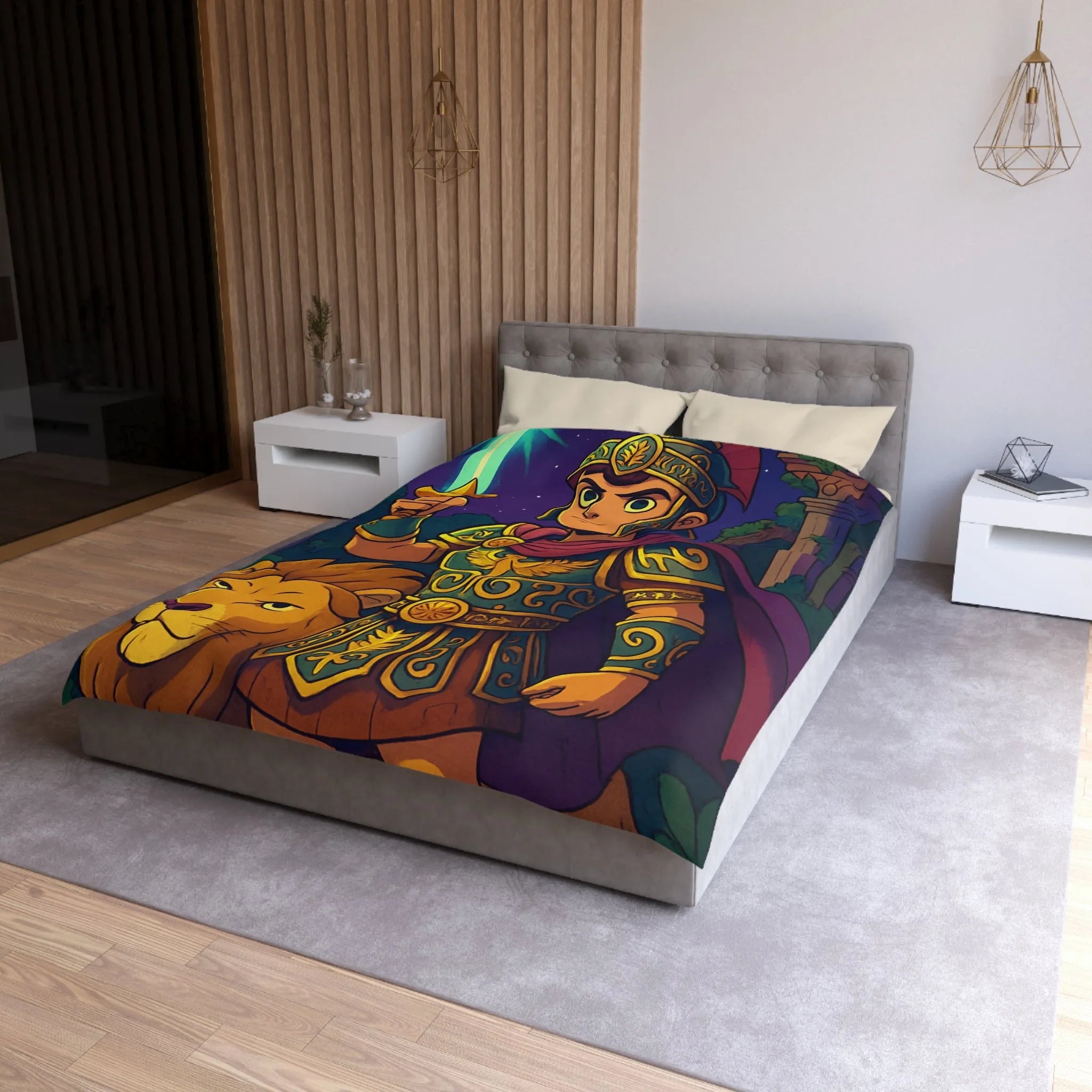 Housse de couette épique pour enfants avec un guerrier et un lion mythiques
