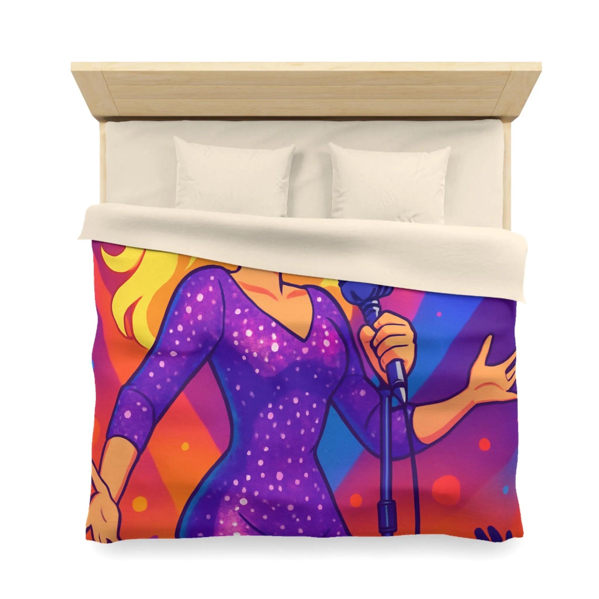 Housse de couette colorée avec chanteuse animée sous projecteurs en scène dynamique