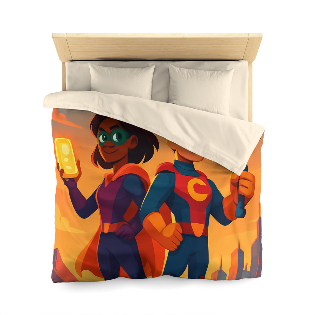 Super-héros Enfantins avec Drones dans Paysage Urbain Coloré Crépusculaire Illustré