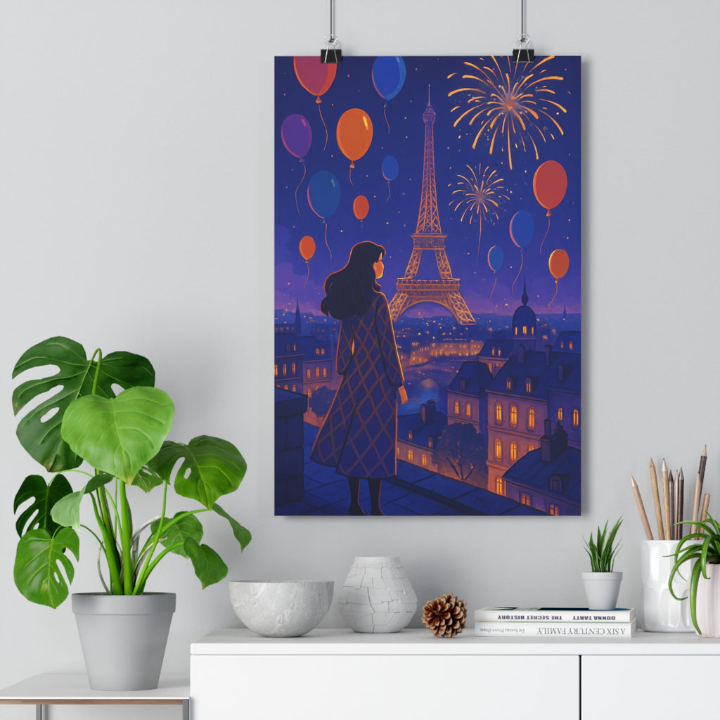 Poster décoratif Paris nocturne bleu orange moderne urbain salon chambre ambiance festive art contemporain