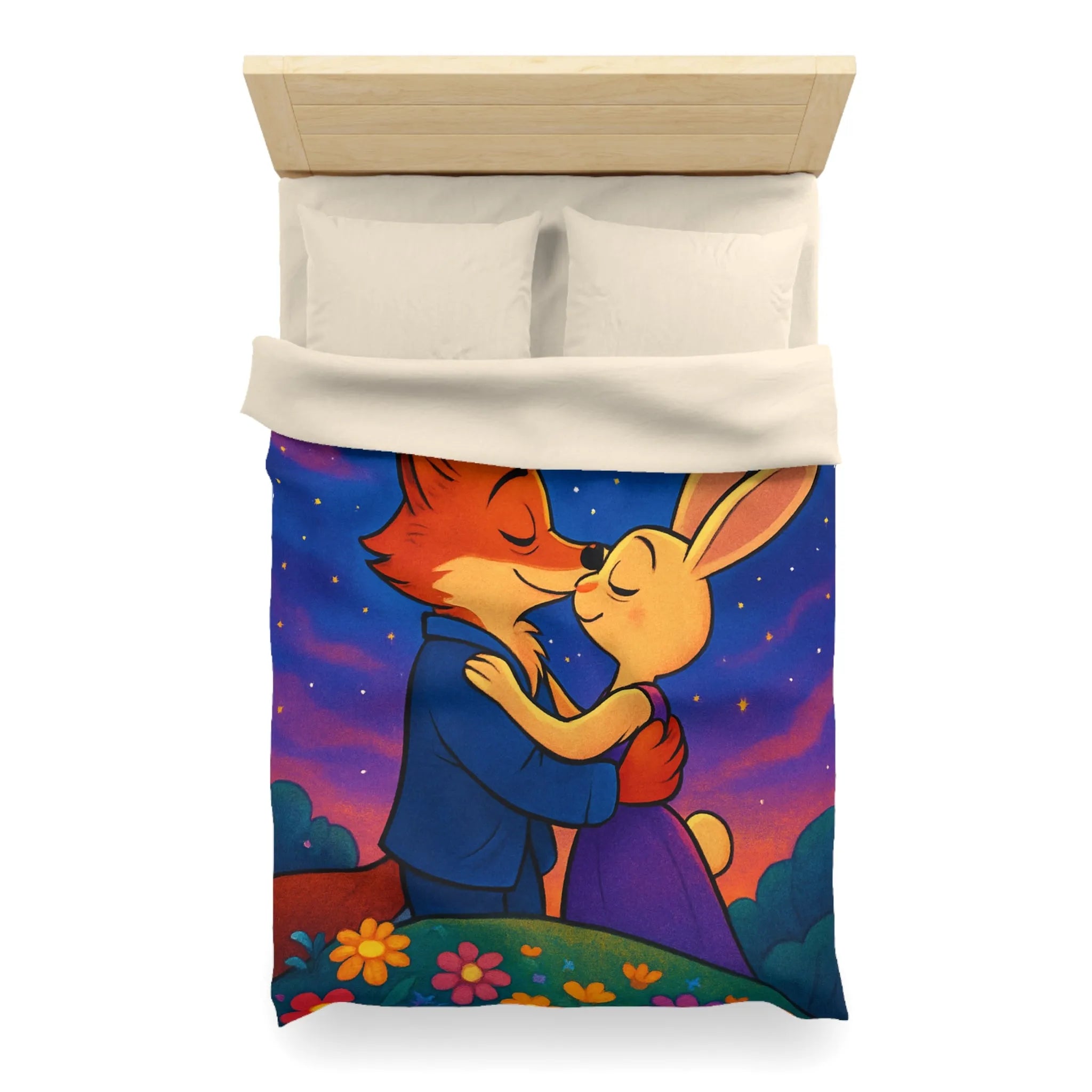 Housse de couette avec renard et lapin amoureux sous ciel étoilé romantique