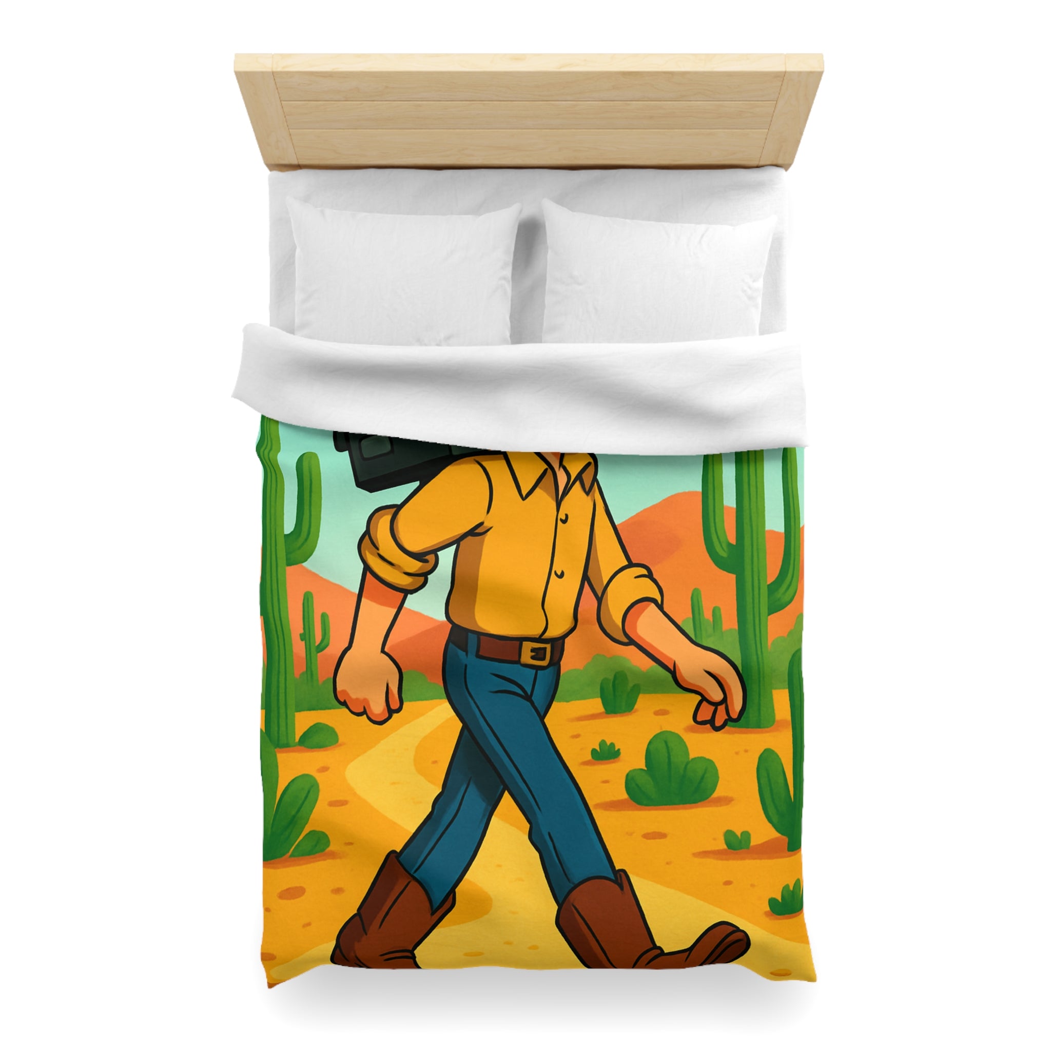 Housse de couette western cowboy dessin animé, désert cactus rétro style vibrant