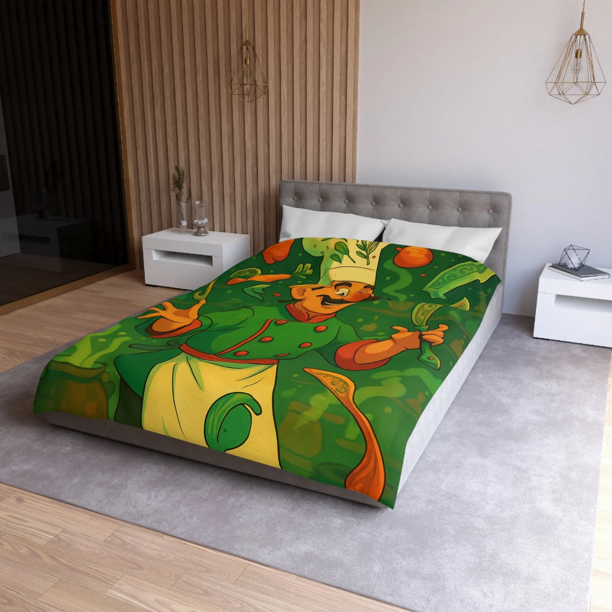 Housse De Couette Chef Cartoon Coloré Jonglant Avec Légumes Dans Cuisine Magique Verte