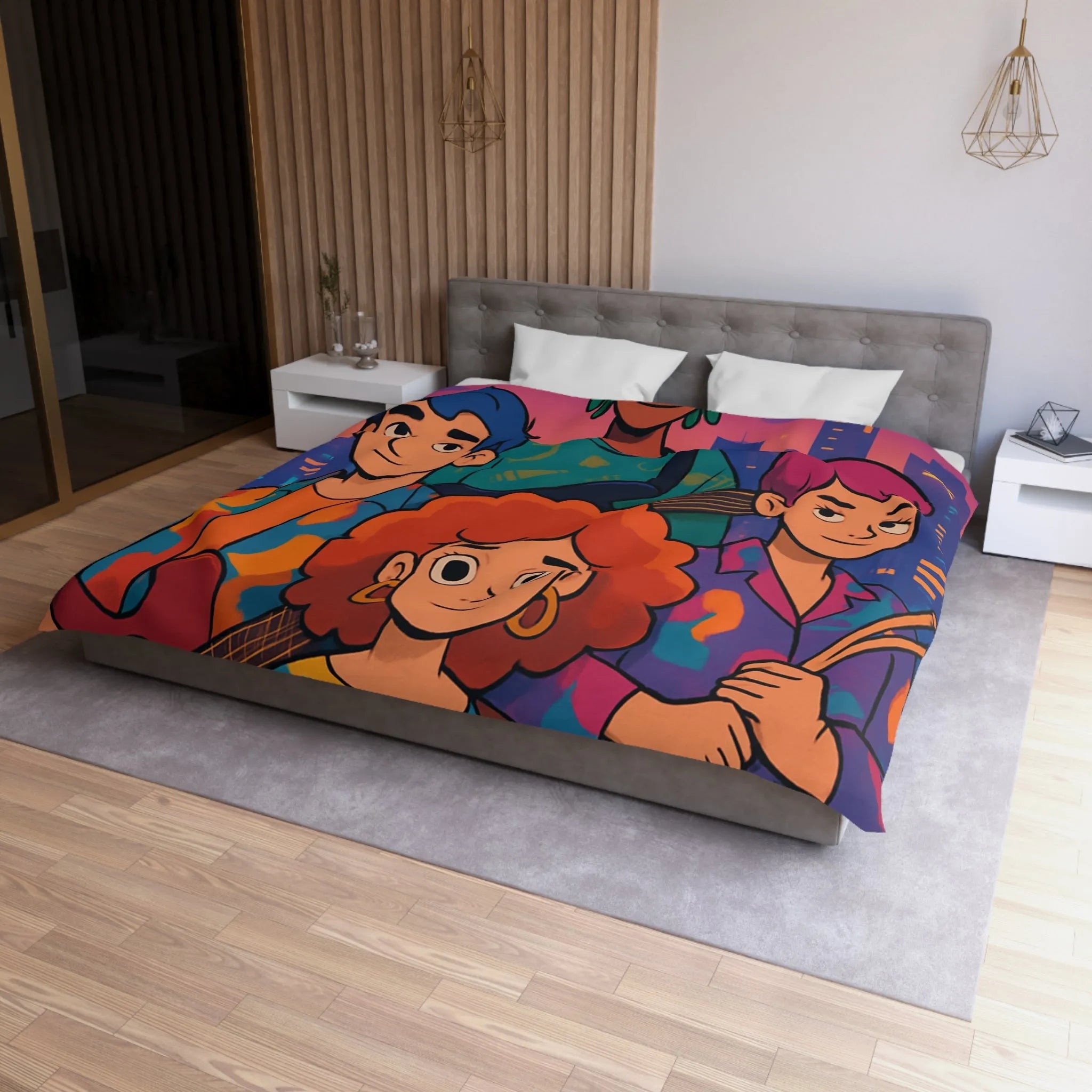 Housse de couette colorée avec groupe de musiciens devant un paysage urbain nocturne