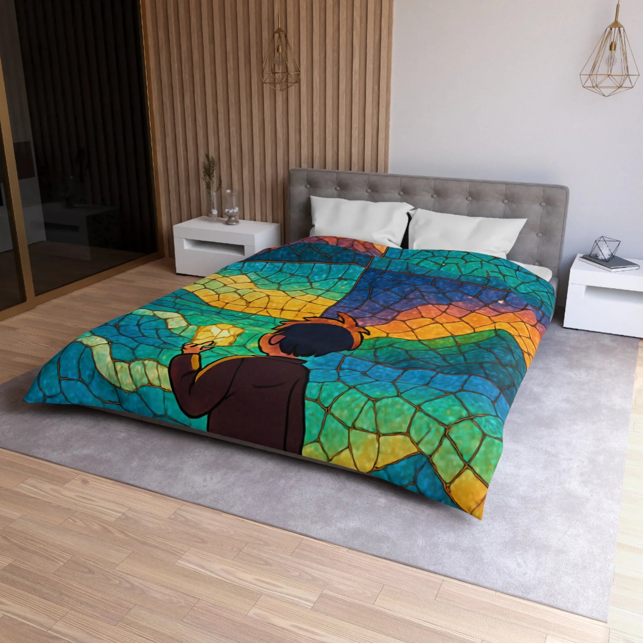 Housse de couette artistique avec paysage montagneux et ciel étoilé coloré en vitrail