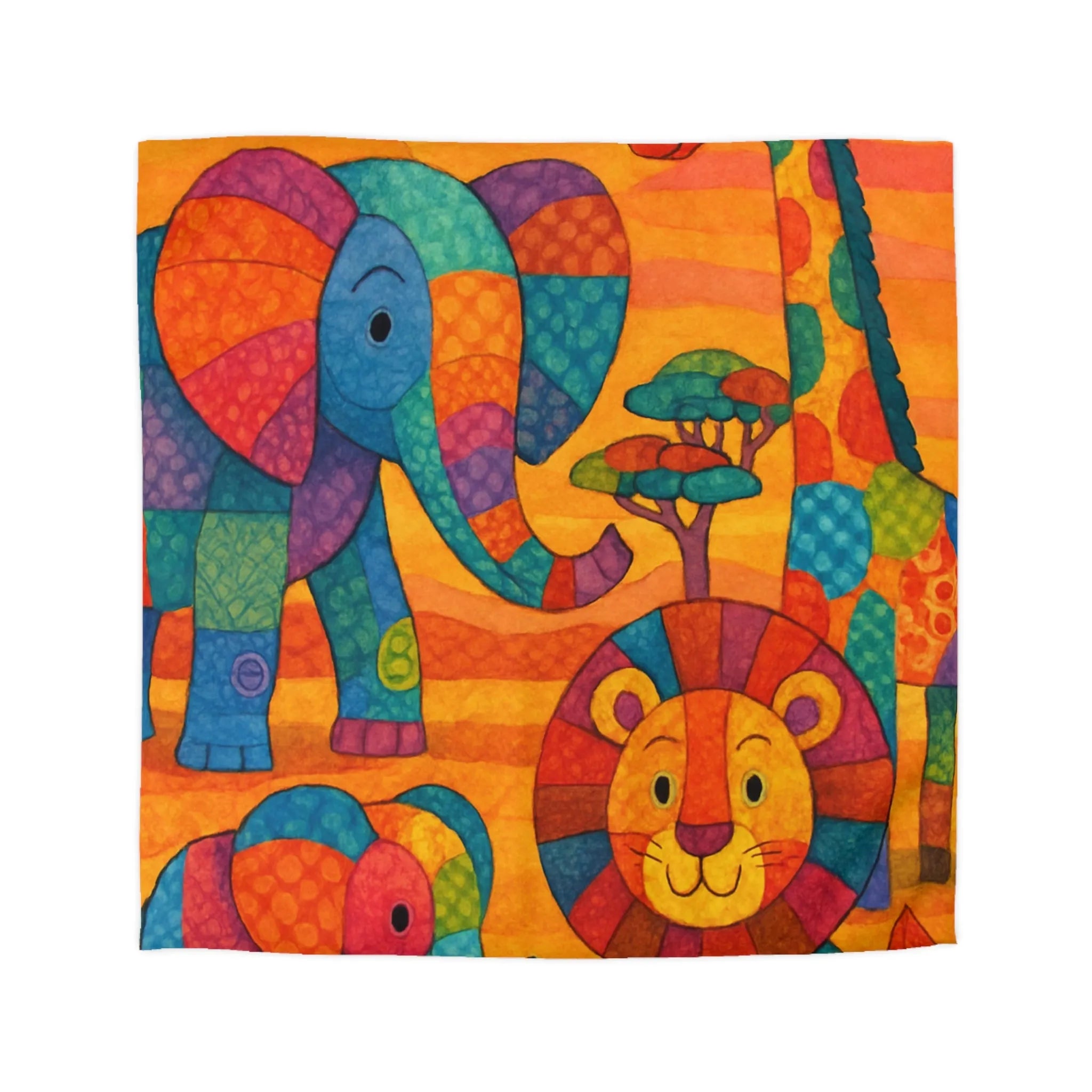 Housse de couette colorée avec éléphants, girafe et lion en style patchwork