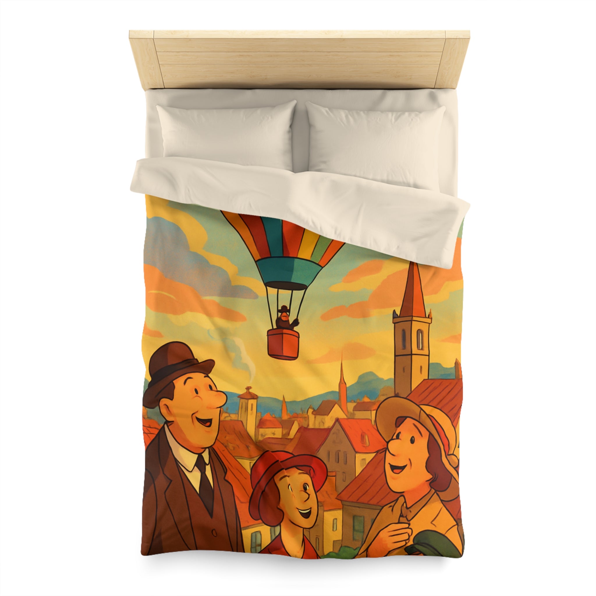 Housse de couette vintage avec montgolfière colorée et paysage urbain animé