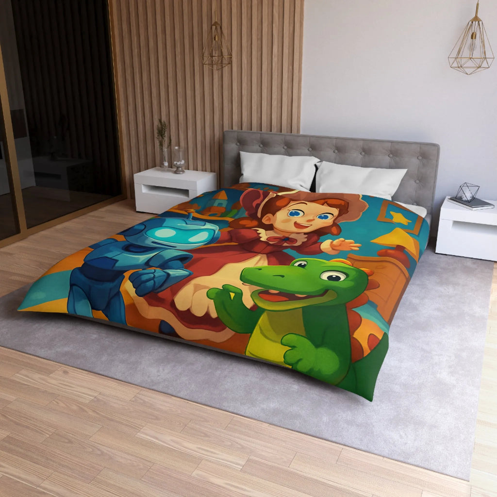 Housse de couette colorée avec robot, dinosaure et poupée en chambre enfantine