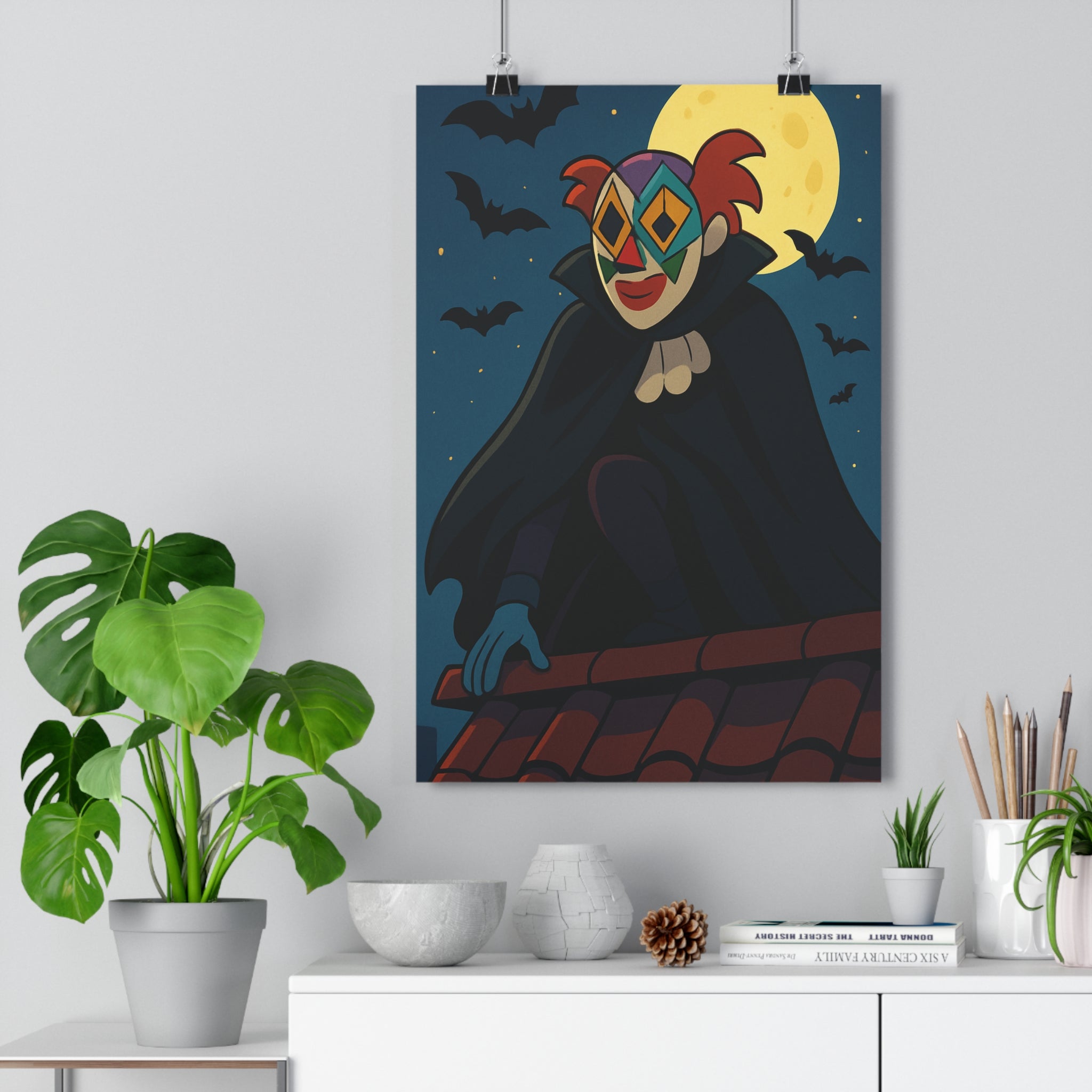 Poster décoratif mystérieux anime nocturne coloré personnage masqué cape sombre ambiance mystique toit chauvessouris