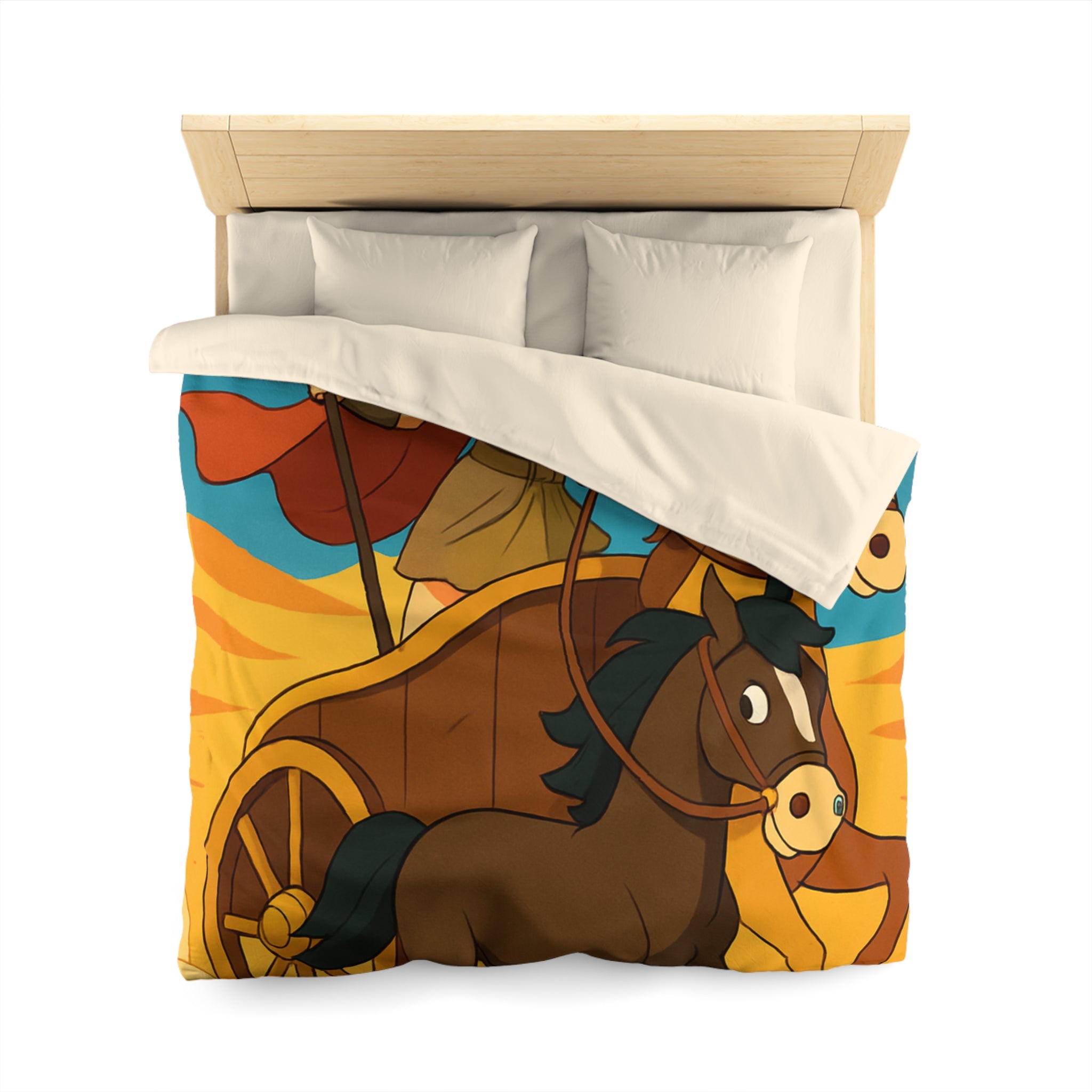 Housse de couette représentant guerrière en char avec chevaux marron dans désert animé