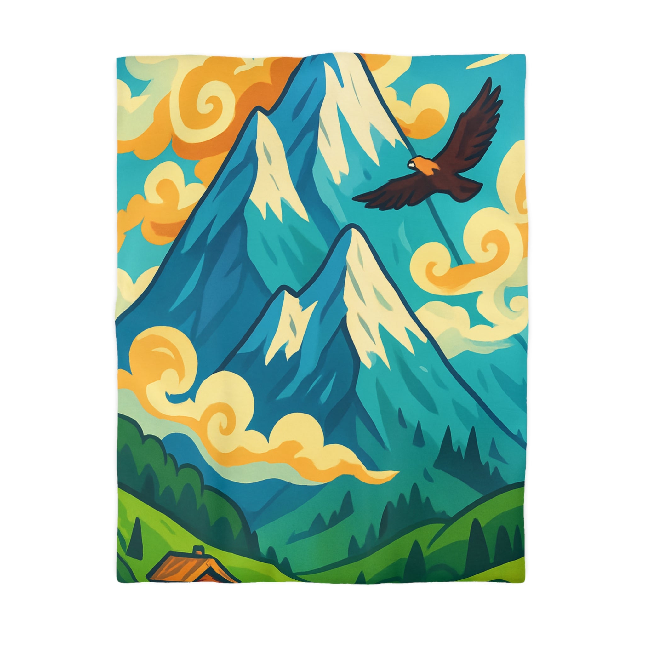 Housse de couette montagne colorée avec aigle et chalets pour chambre moderne