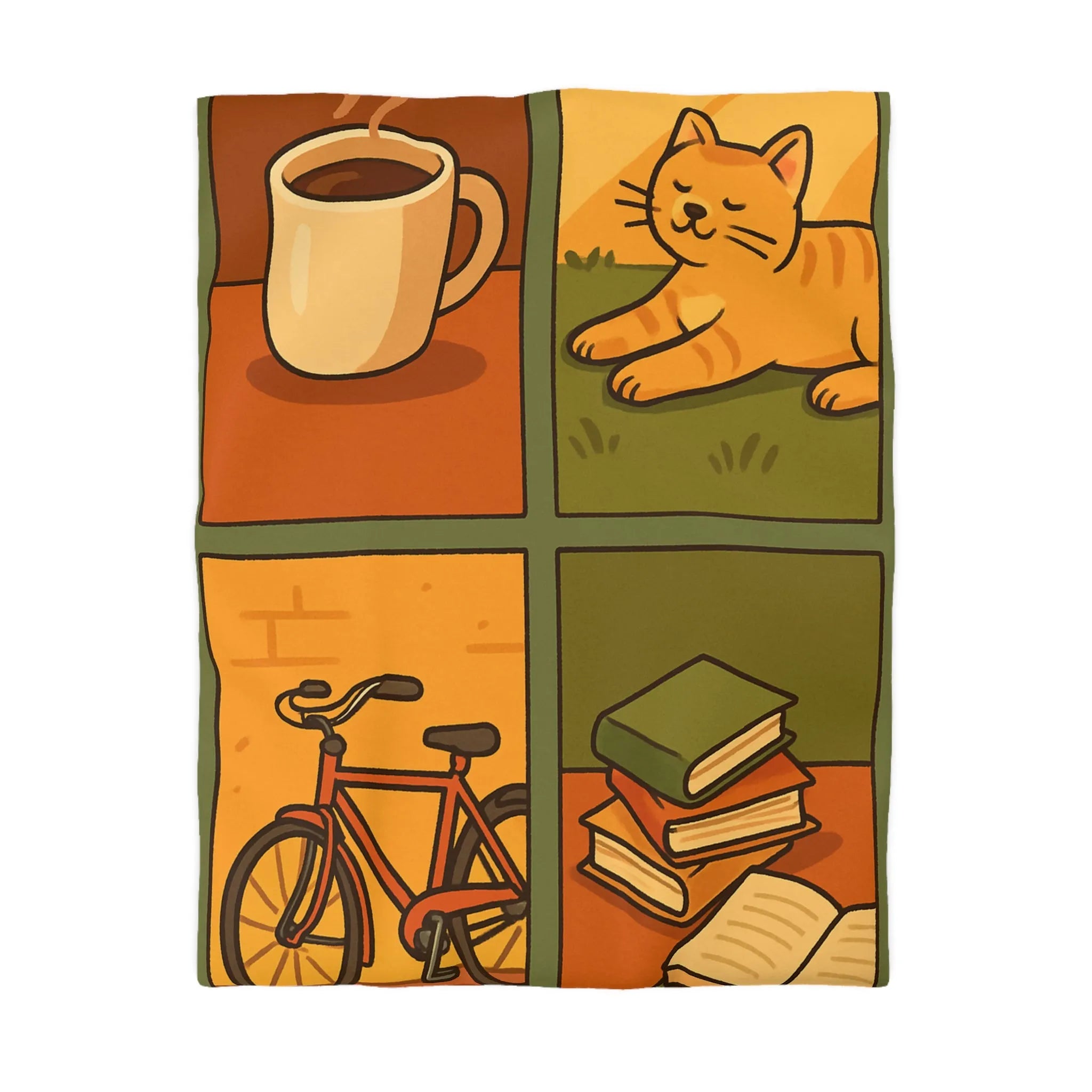 Housse de Couette Décontractée avec Chat Orange, Café, Vélo et Livres Colorés