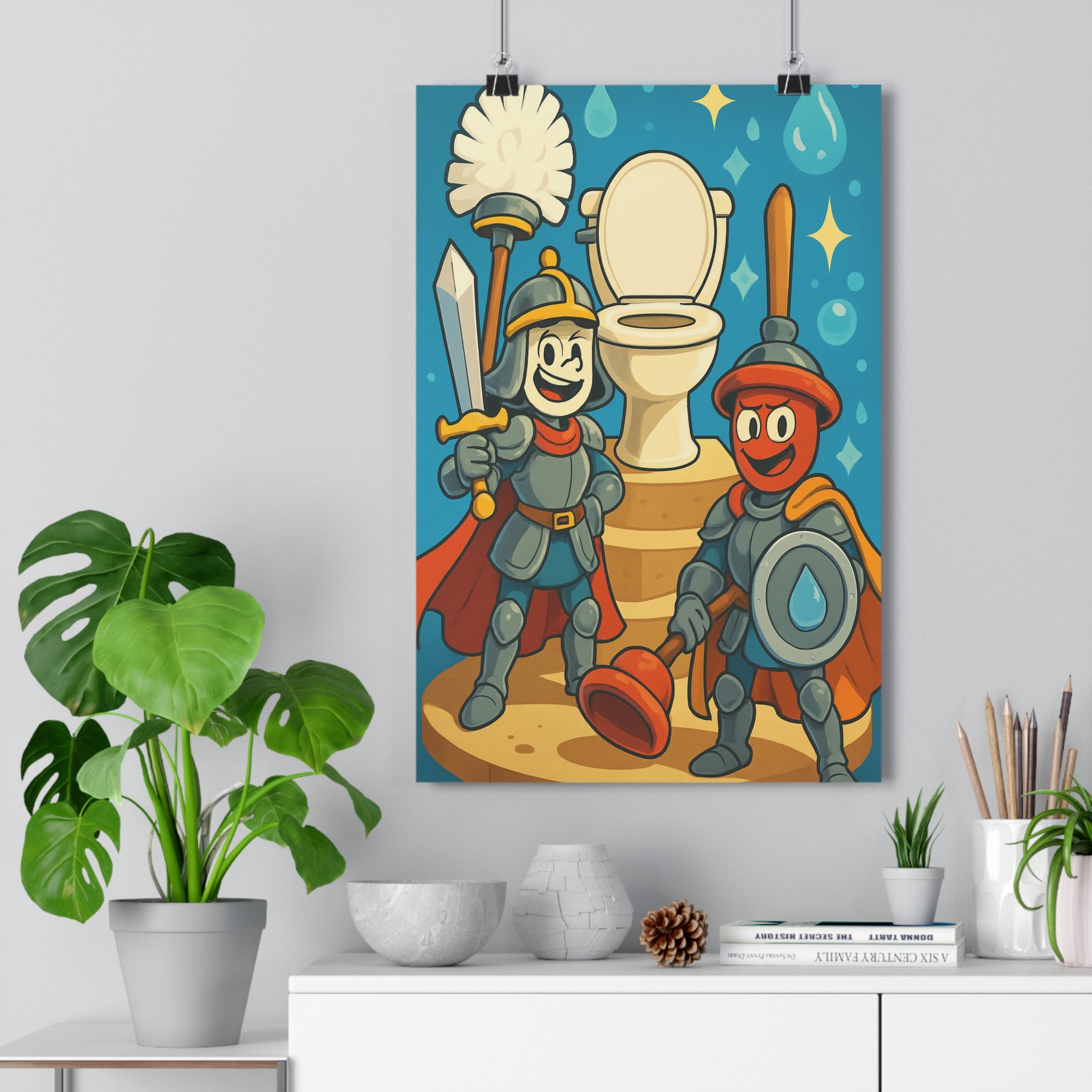 Poster décoratif cartoon chevaliers bleu étoilé humoristique toilettes enfant ludique amusant médiéval original vibrant