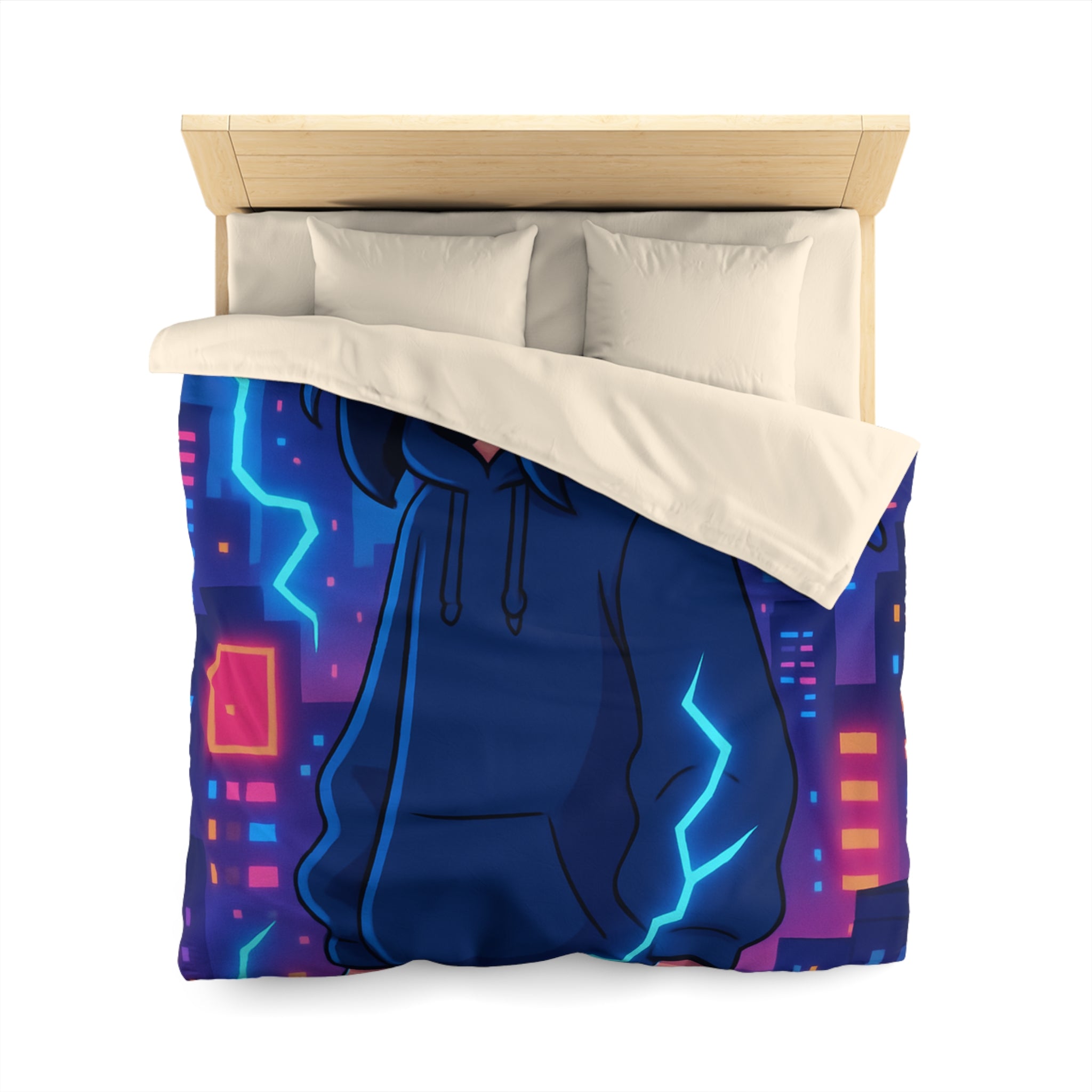 Tendance housse de couette bleu foncé avec motif urbain et perroquet électrique