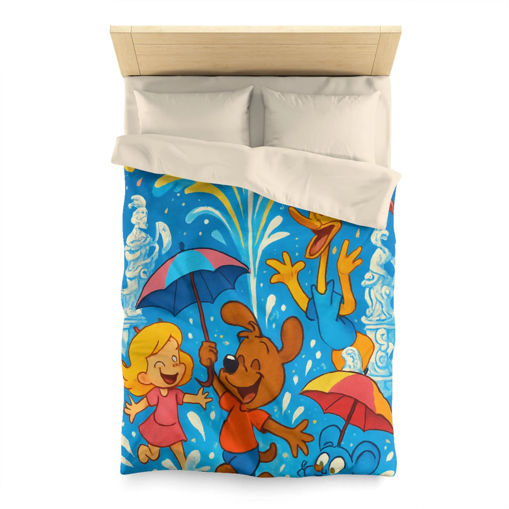 Housse de couette joyeuse avec animaux et enfants sous feux d'artifice colorés