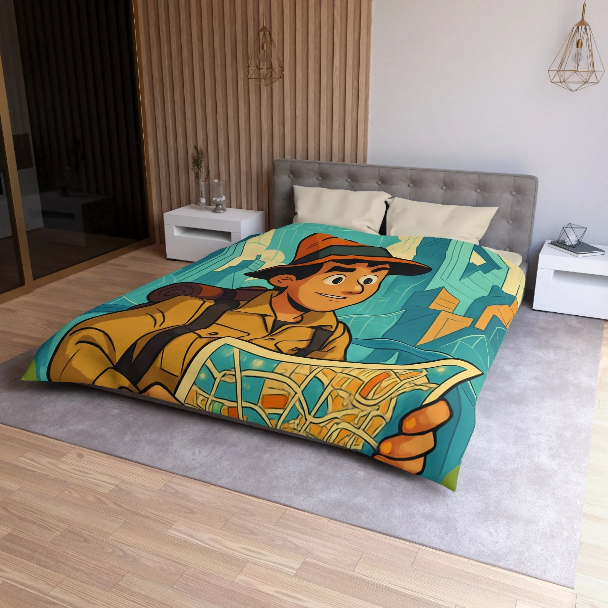 Découverte urbaine vibrante : jeune explorateur avec carte et gratte-ciels illustrés