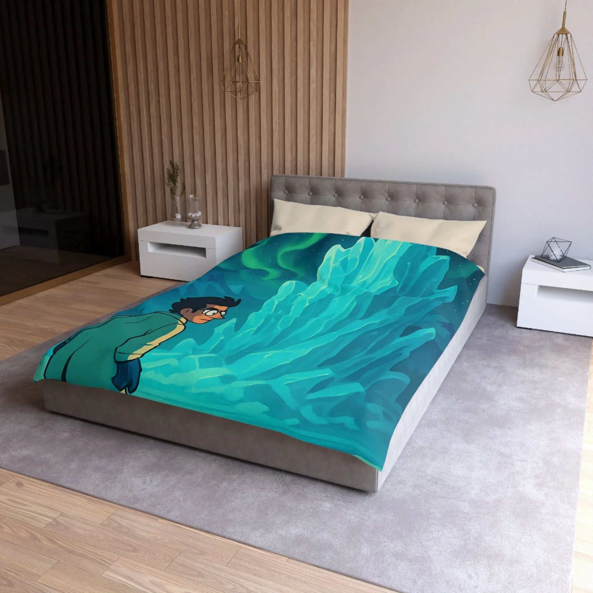 Décor polaire avec icebergs géants et exploration nocturne sous aurores boréales glaciales