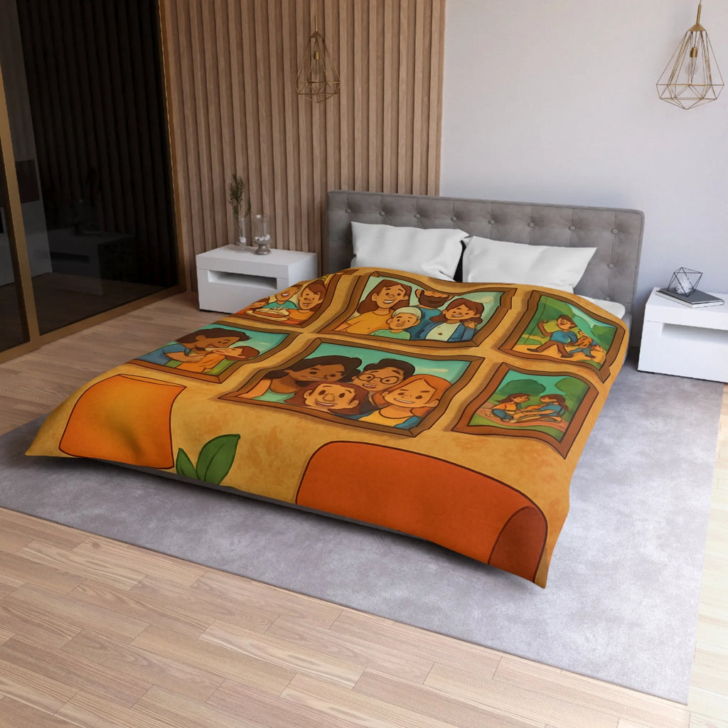 Housse de Couette Famille Heureuse avec Cadres Photo et Éléments Vintage pour Chambre