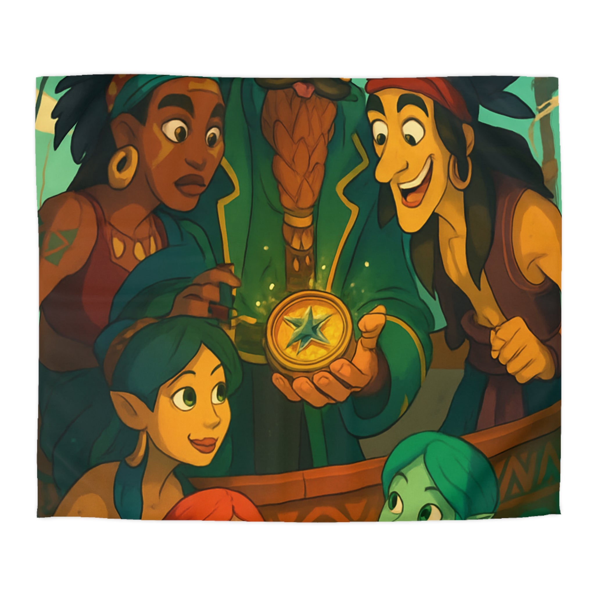 Housse de couette pirate et sirènes avec trésor sur mer émeraude et ciel