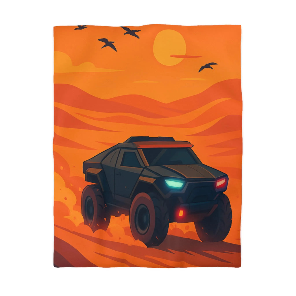 Housse de couette avec design de voiture tout-terrain dans désert orange au coucher du soleil