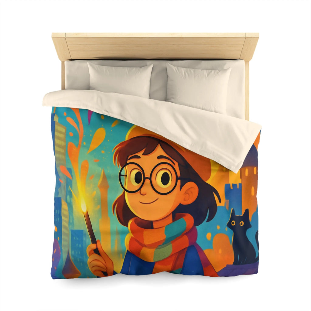 Housse de Couette Éclatante: Jeune Magicienne aux Couleurs Vives et Château Mystérieux