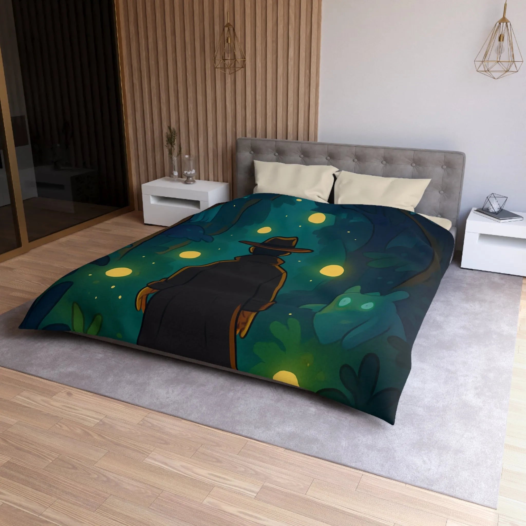 Housse de Couette Forêt Mystique avec Créatures Lumineuses et Promeneur en Chapeau
