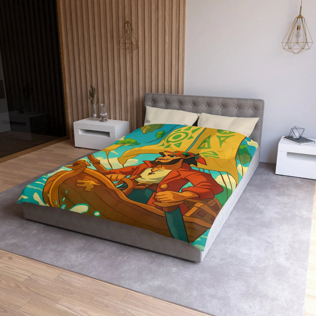 Housse de couette colorée avec pirate en bateau sur mer et îles flottantes