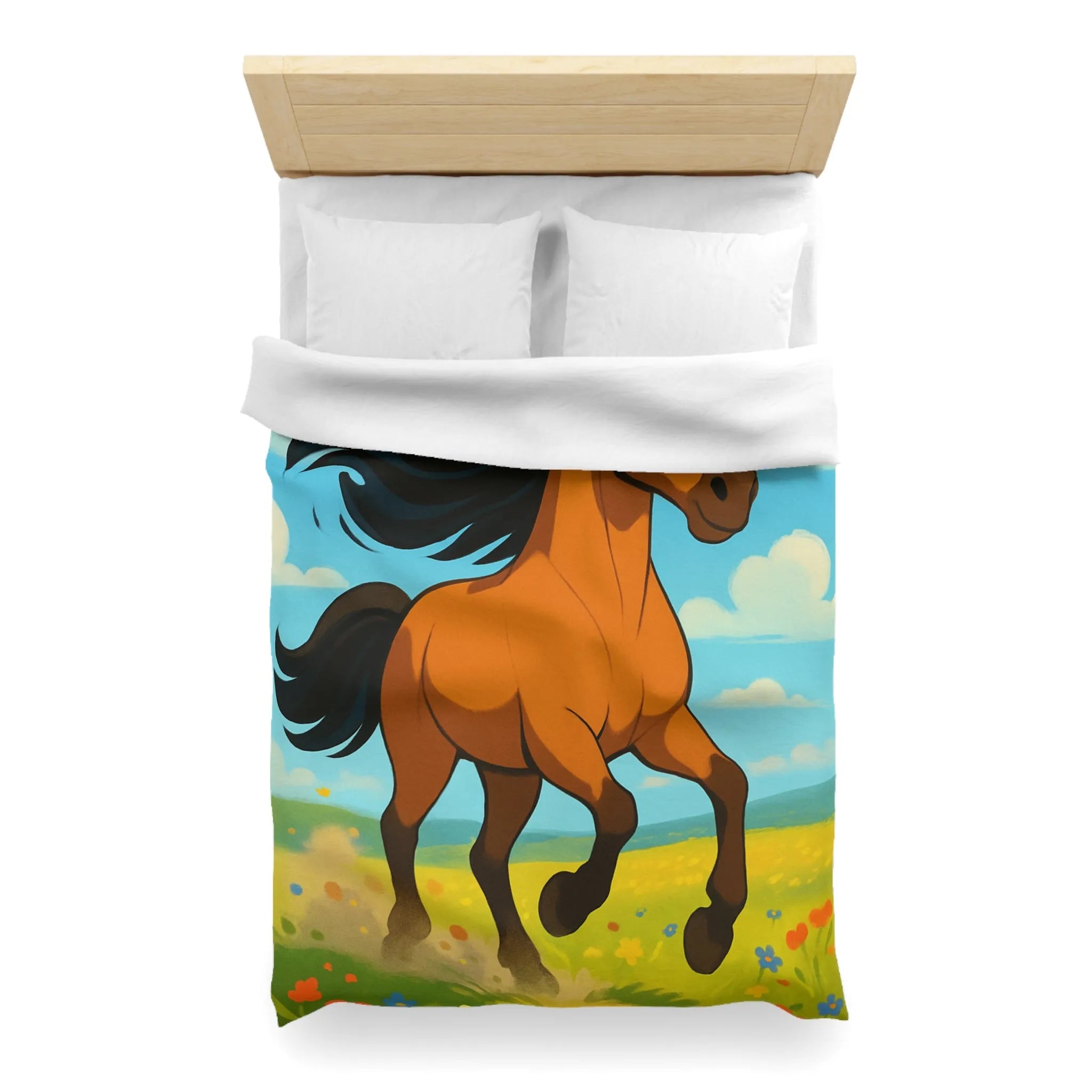 Housse de couette cheval couleur vive, prairie en fleurs, nuages, ciel bleu