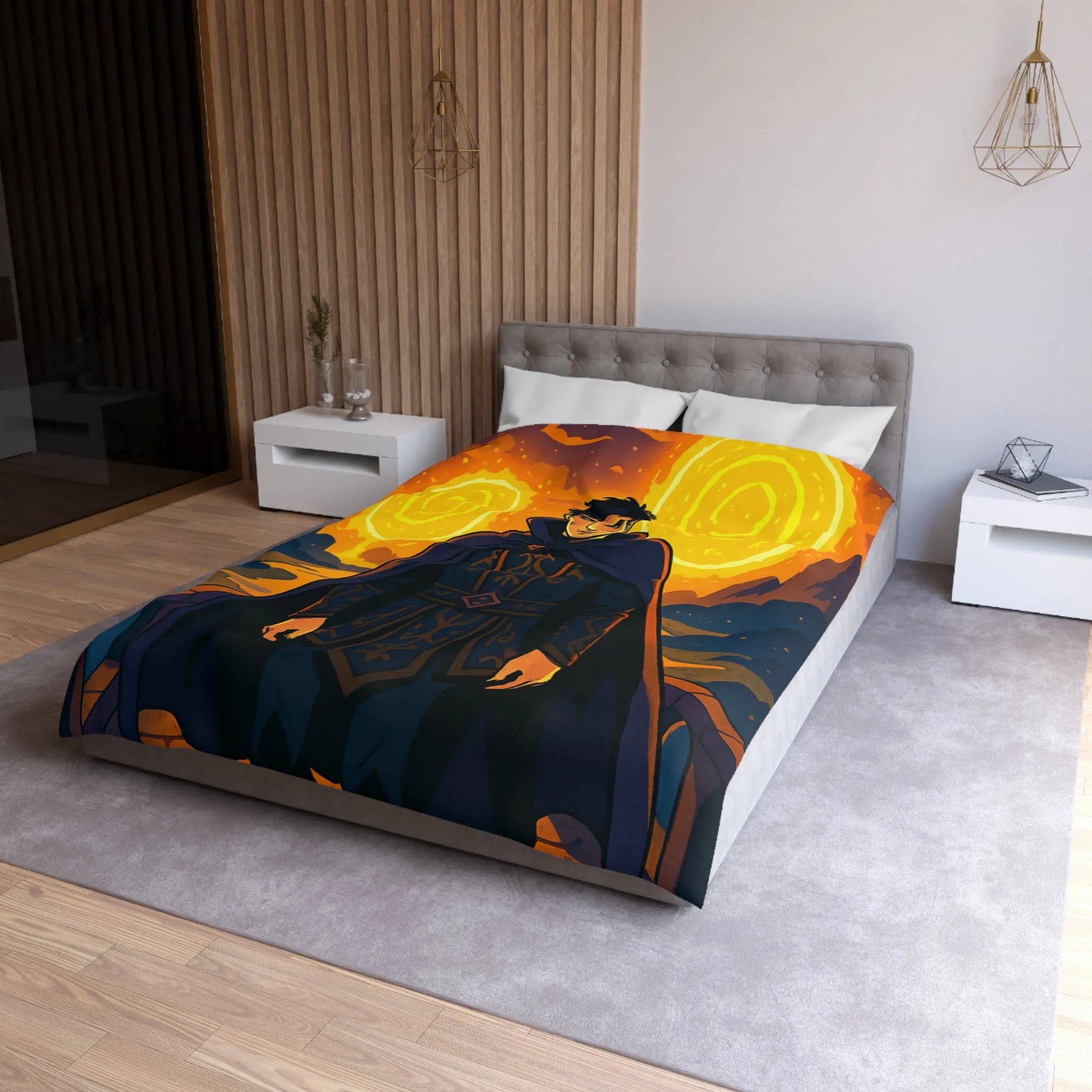 Housse de couette fantastique avec sorcier et portails lumineux dans paysage nocturne magique