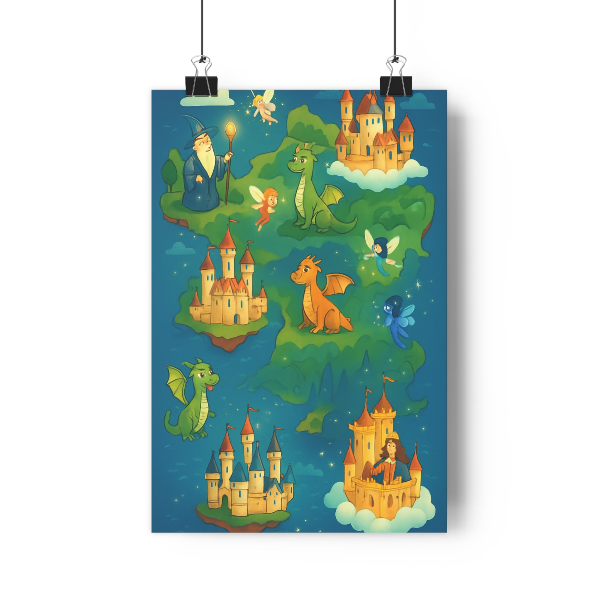 Poster décoratif fantastique féerique vert bleu orange enfant chambre jeu aventure magique carte 30x46