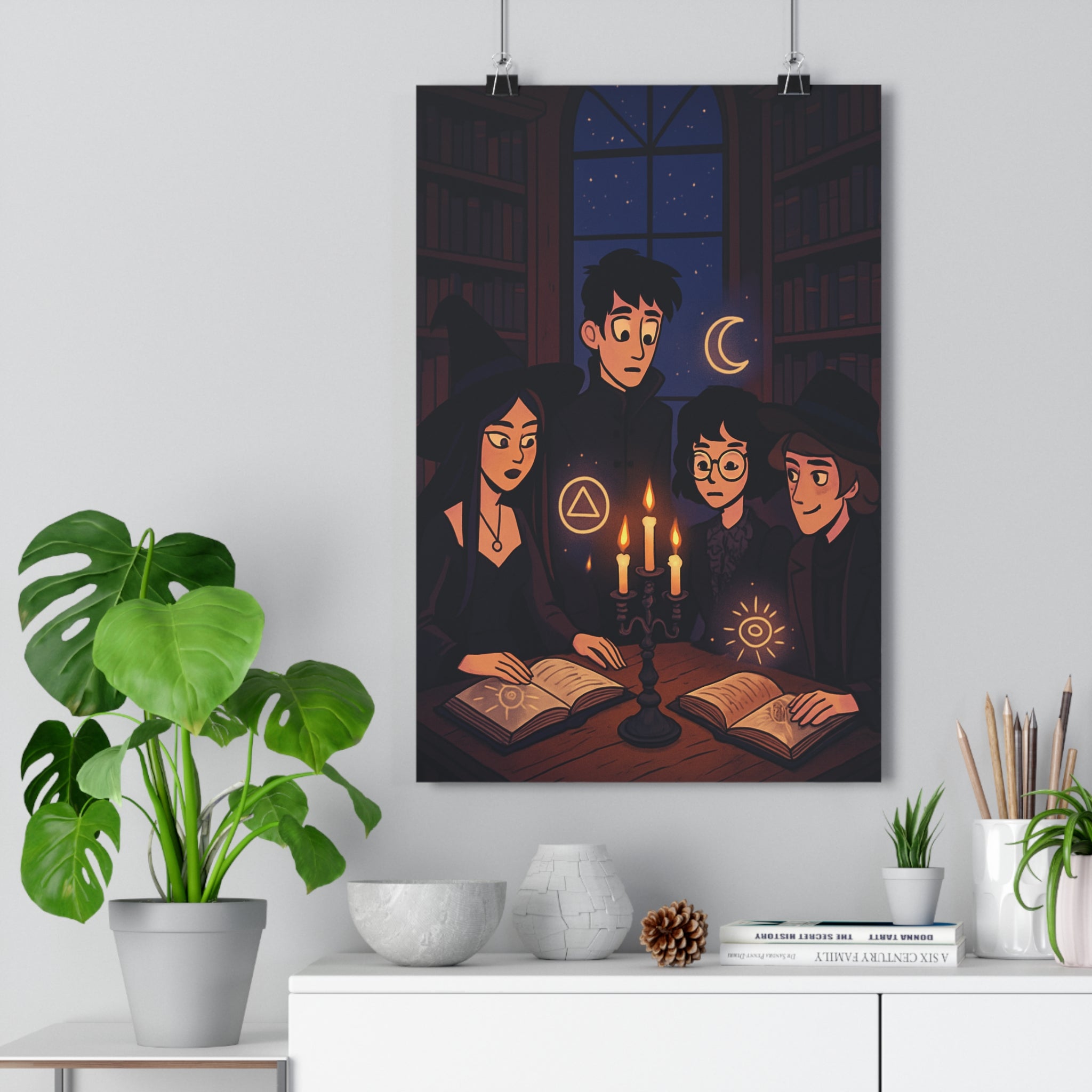 Poster décoratif anime mystérieux sombre chaleureux chambre bibliothèque lecture bougies fantaisie 30x46 ambiance tableau