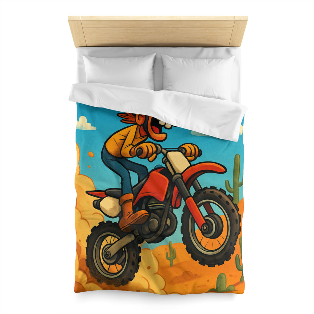 Motard animé sur motocross sautant à travers désert coloré avec cactus et nuages